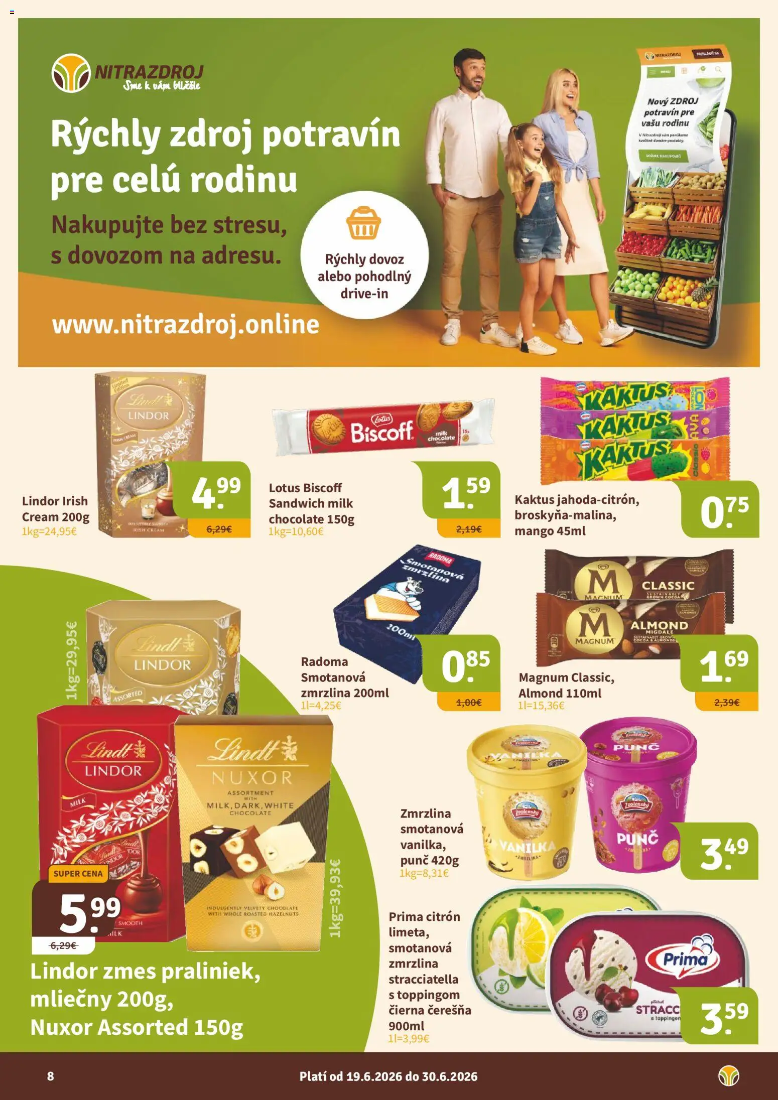 Nové Nitrazdroj akcie – leták je platný od 19.06.2026 | Strana: 8 | Produkty: Lindor, Zmrzlina, Magnum, Mango