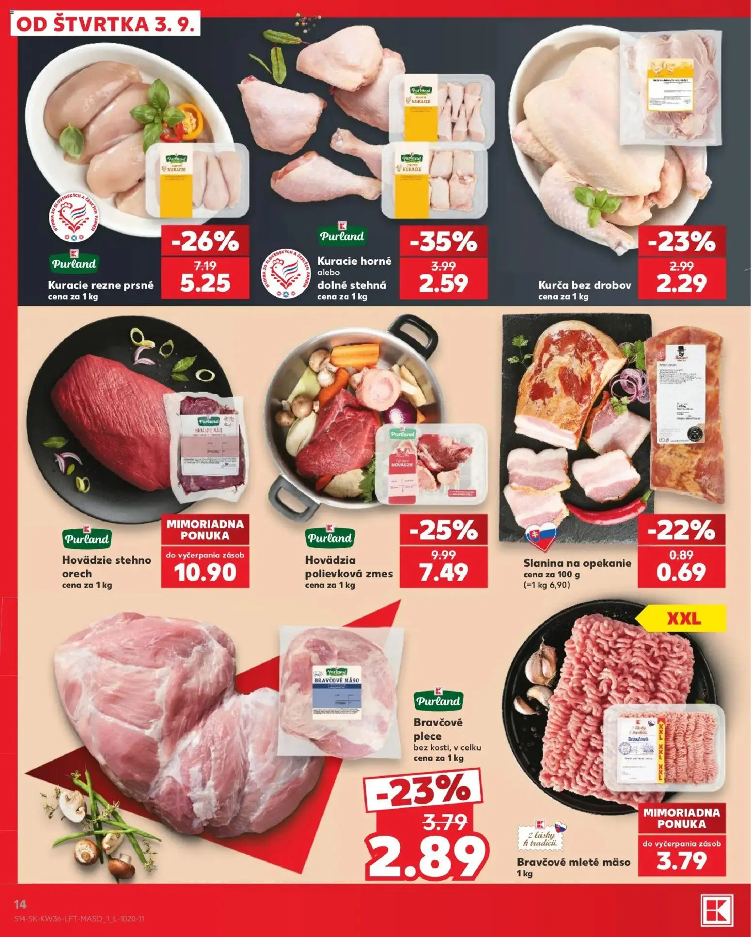 Nové Kaufland akcie – leták je platný od 03.09.2026 | Strana: 14 | Produkty: Mäso, Mleté mäso, Kurča, Stehná
