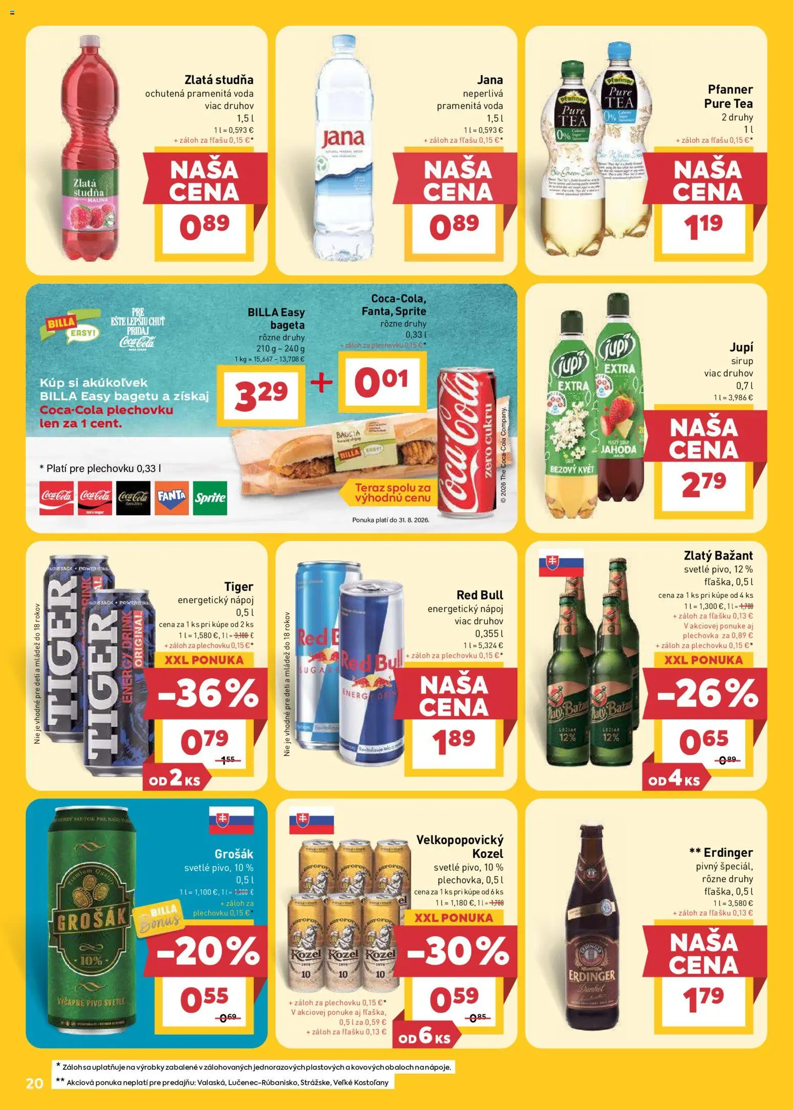 Nové Billa akcie – leták je platný od 29.07.2026 | Strana: 20 | Produkty: Bageta, Zlatý Bažant, Fanta, Cola