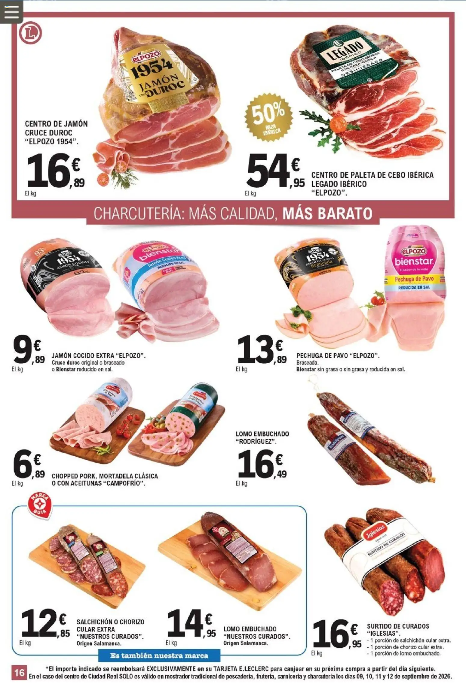 E.Leclerc Miranda de Ebro │ válido desde el 09/09/2026 | Página: 16 | Productos: Lomo, Jamón cocido, Mortadela, Pavo