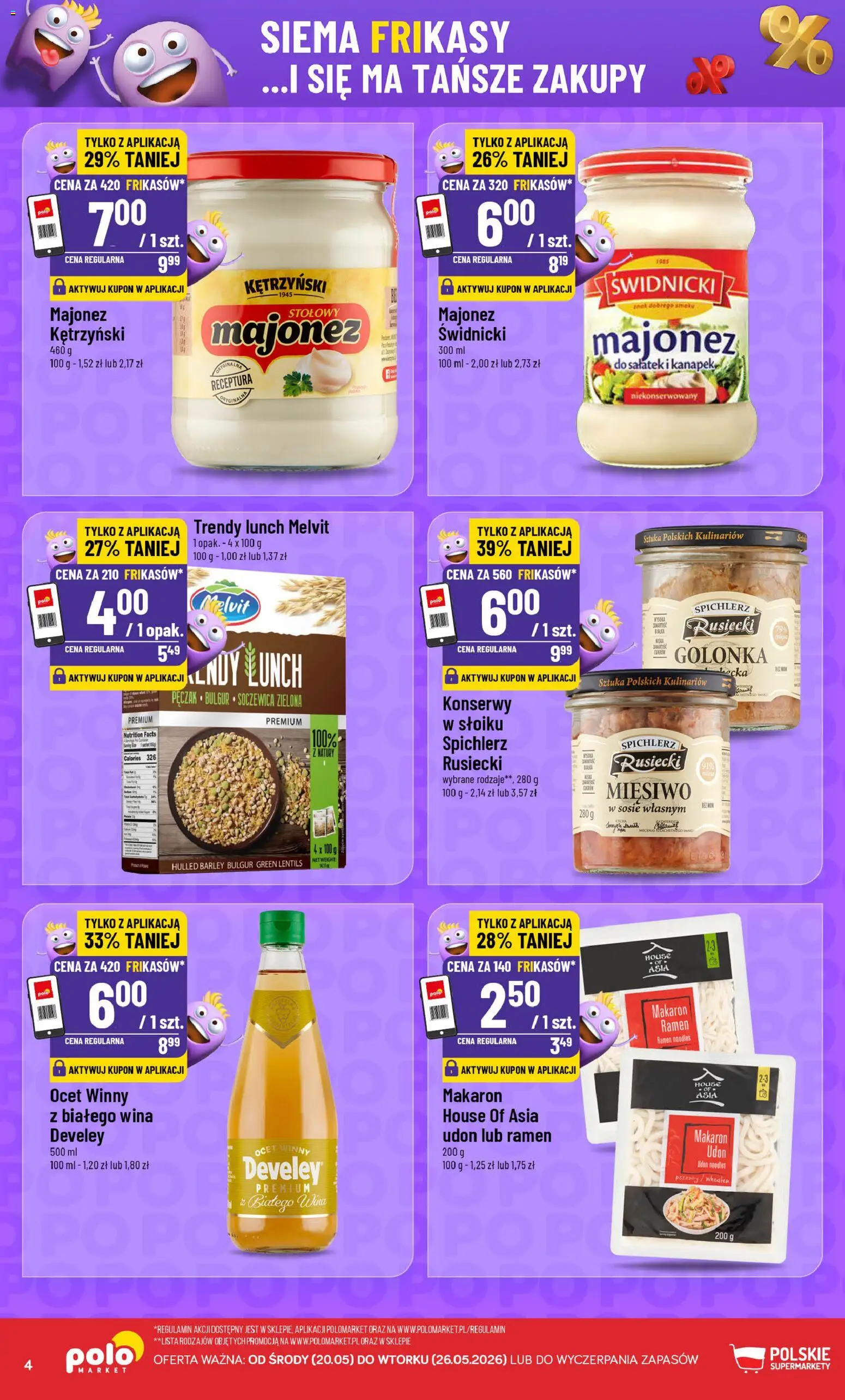 POLOmarket gazetka - Frikasowe Hity od 20.05.2026 | Strona: 4 | Produkty: Makaron ramen, Ocet, Bulgur, Majonez świdnicki
