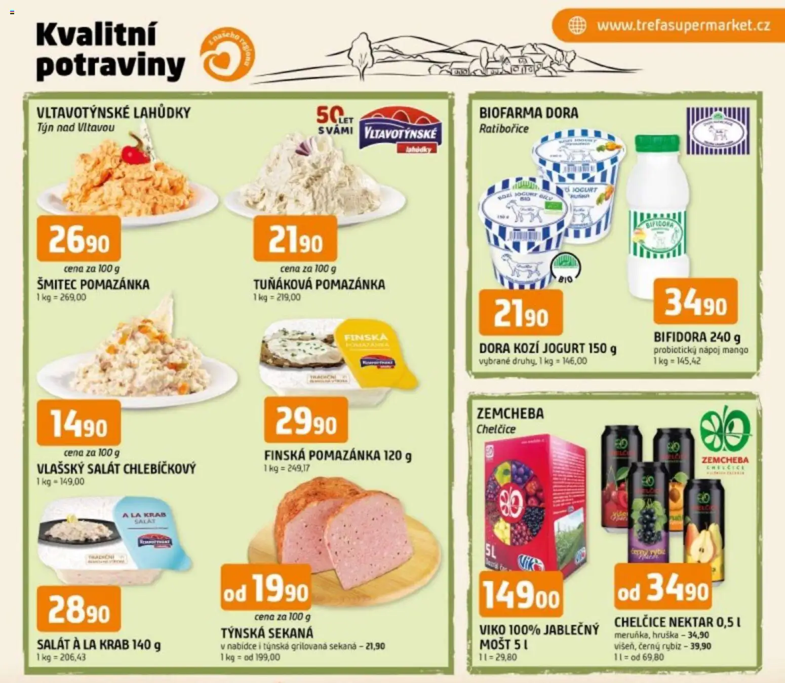 Trefa leták - Kvalitní potraviny z našeho regionu od 15.07.2026 | Strana: 1 | Produkty: Mango, Sekaná, Pomazánka, Kozí jogurt