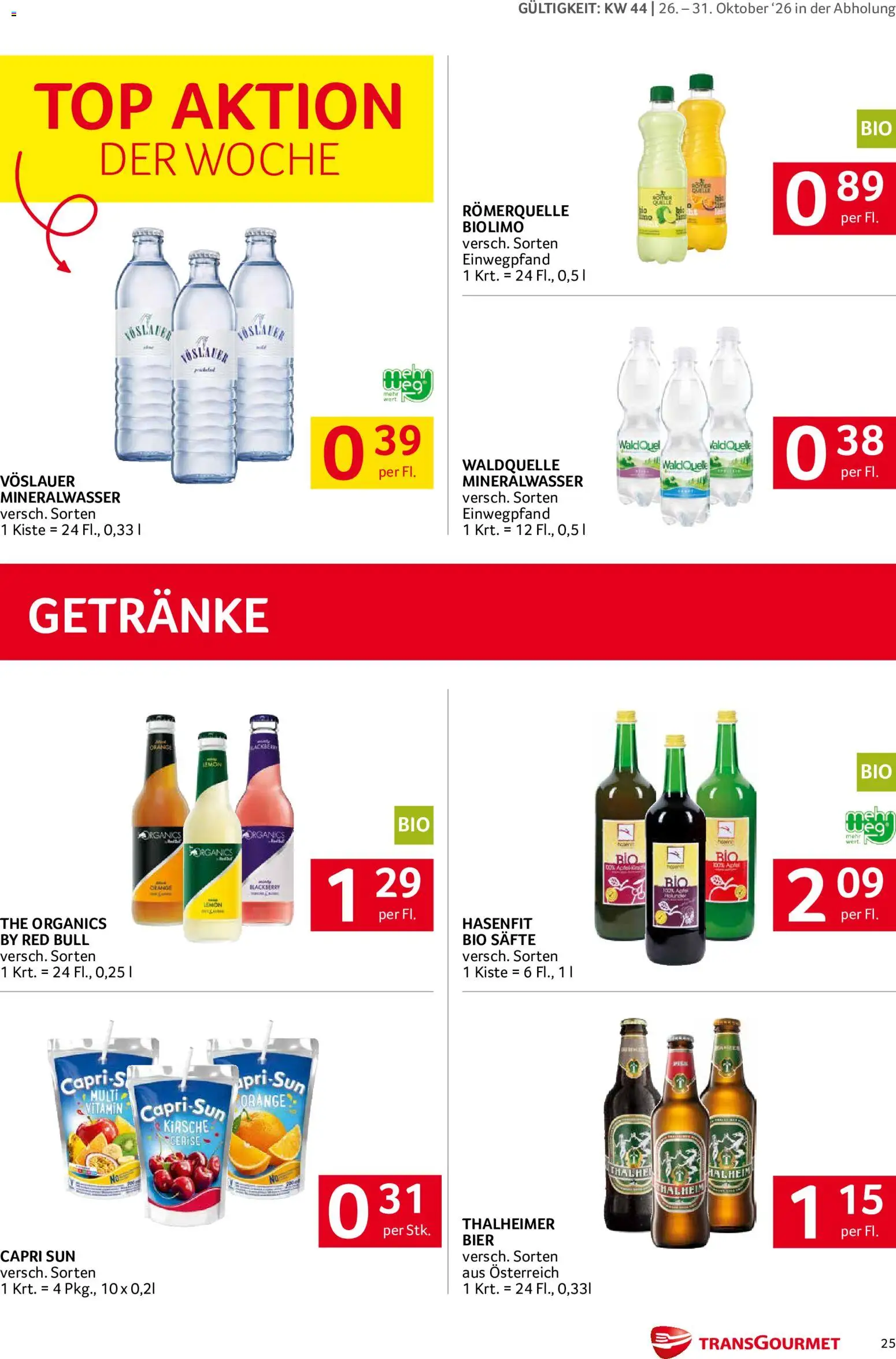 Transgourmet Abhol Aktion gültig ab 26.10.2026 | Seite: 25 | Produkte: Getränke, Mineralwasser, Bier