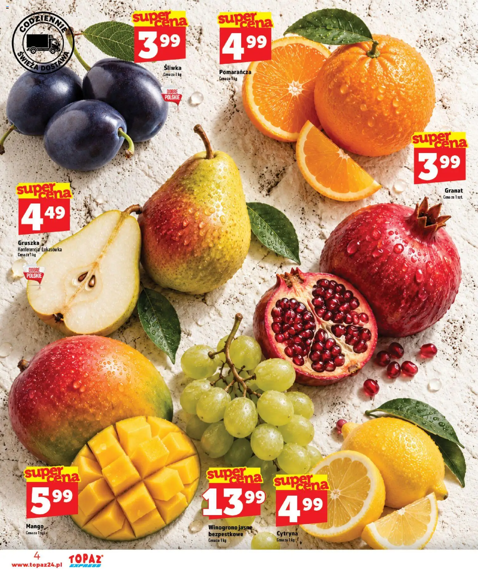 Topaz gazetka - Express od 08.10.2026 | Strona: 4 | Produkty: Cytryna, Mango, Gruszka, Winogrono