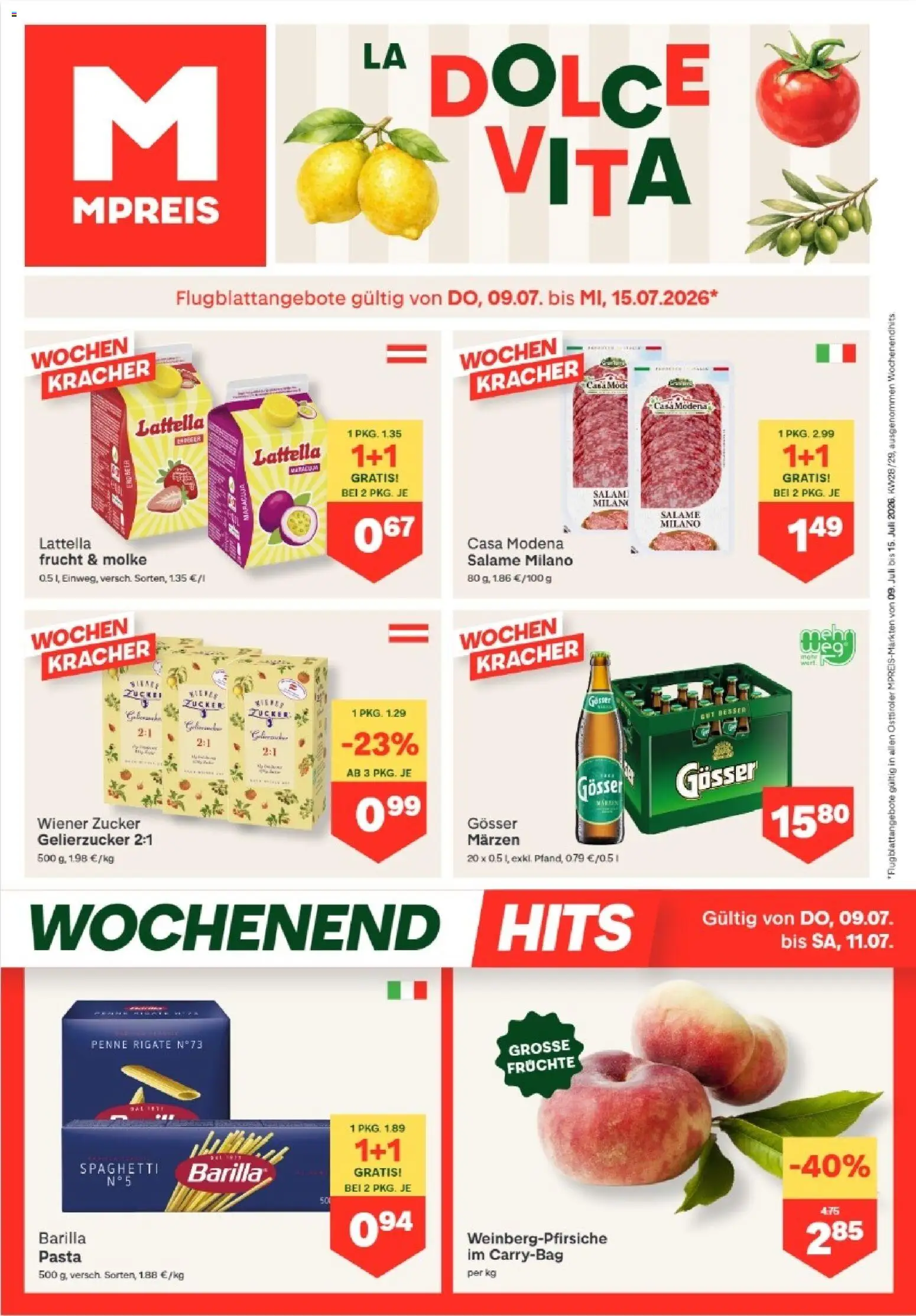 MPREIS Anras gültig ab 09.07.2026 | Seite: 1 | Produkte: Pasta, Zucker, Hajdina liszt, Salami
