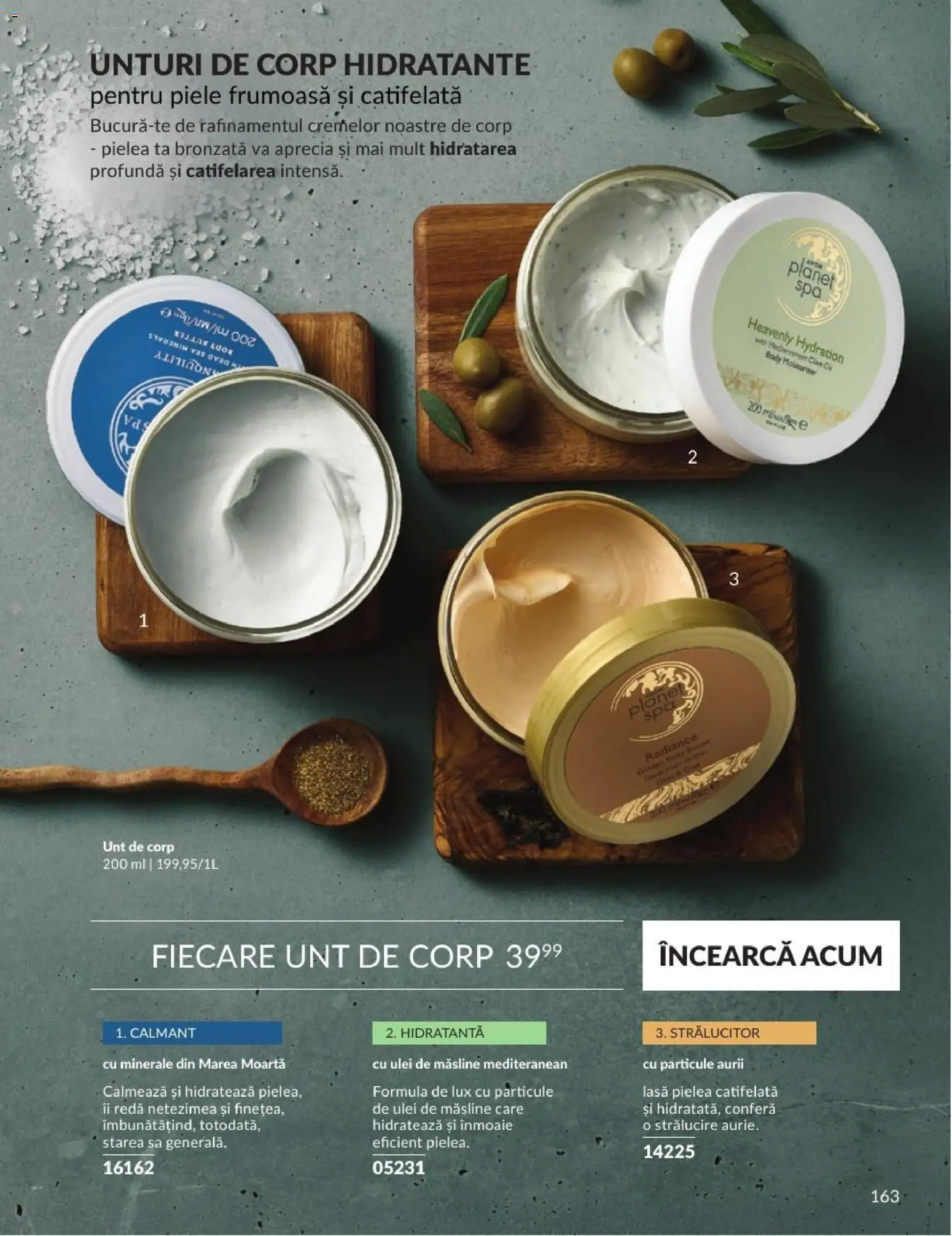 Noul catalog Avon – valabil de la 01.09.2026 | Pagină: 163 | Produse: Unt de corp, Măsline, Ulei de masline, Unt