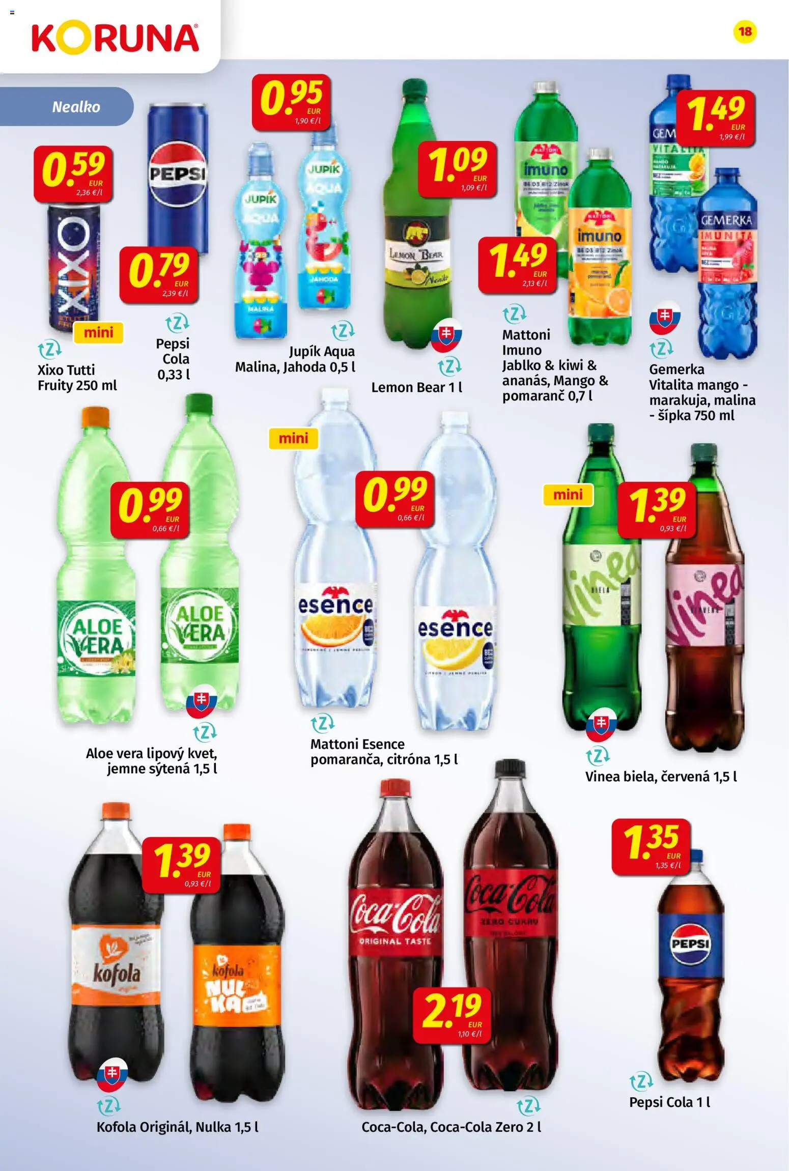 Nové Koruna akcie – leták je platný od 22.05.2026 | Strana: 18 | Produkty: Coca cola, Pepsi, Cola, Gemerka