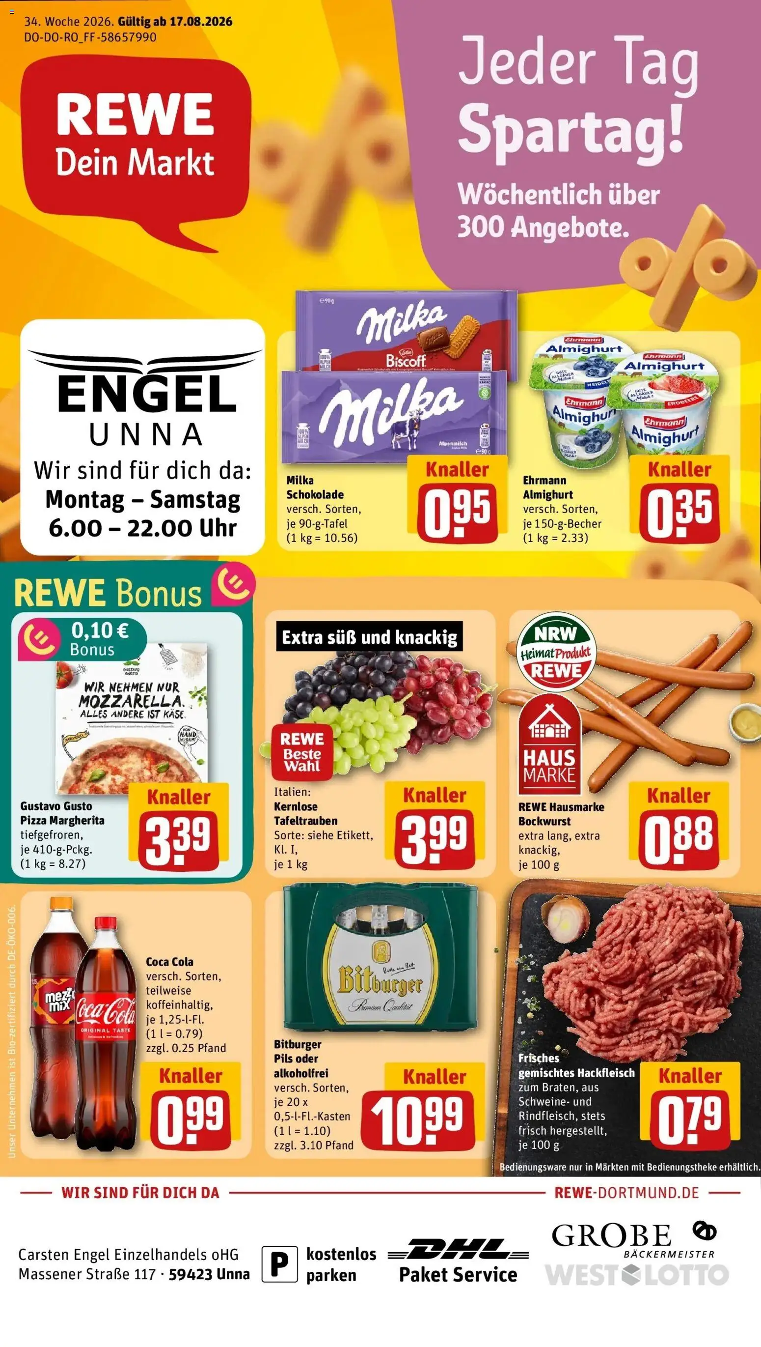 REWE Prospekt ab 17.08.2026 zum Blättern » Angebote | Seite: 1 | Produkte: Ehrmann almighurt, Cola, Käse, Pils
