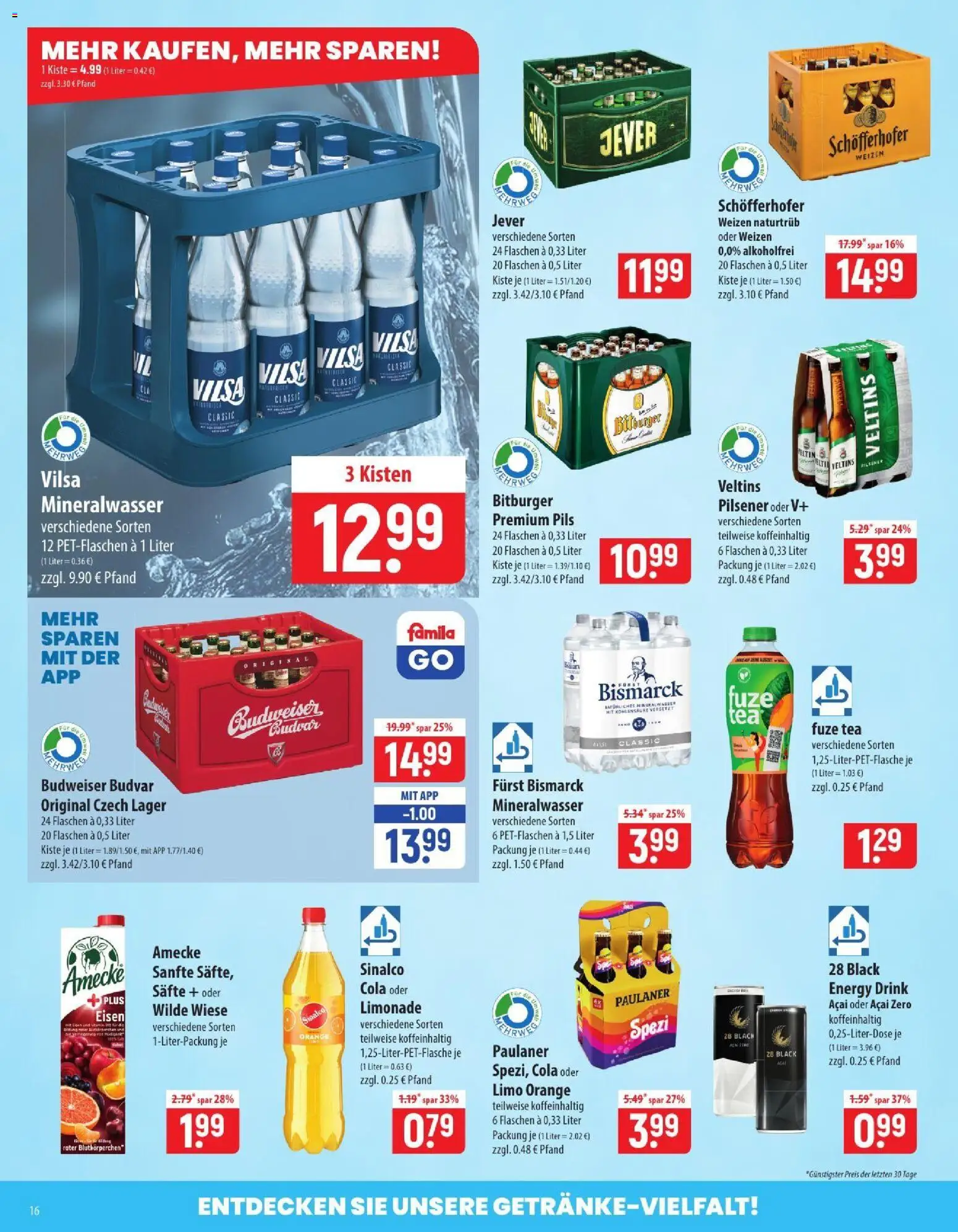 Famila Prospekt – gültig ab 06.07.2026 | Seite: 16 | Produkte: Limonade, Mineralwasser, Budweiser, Paulaner