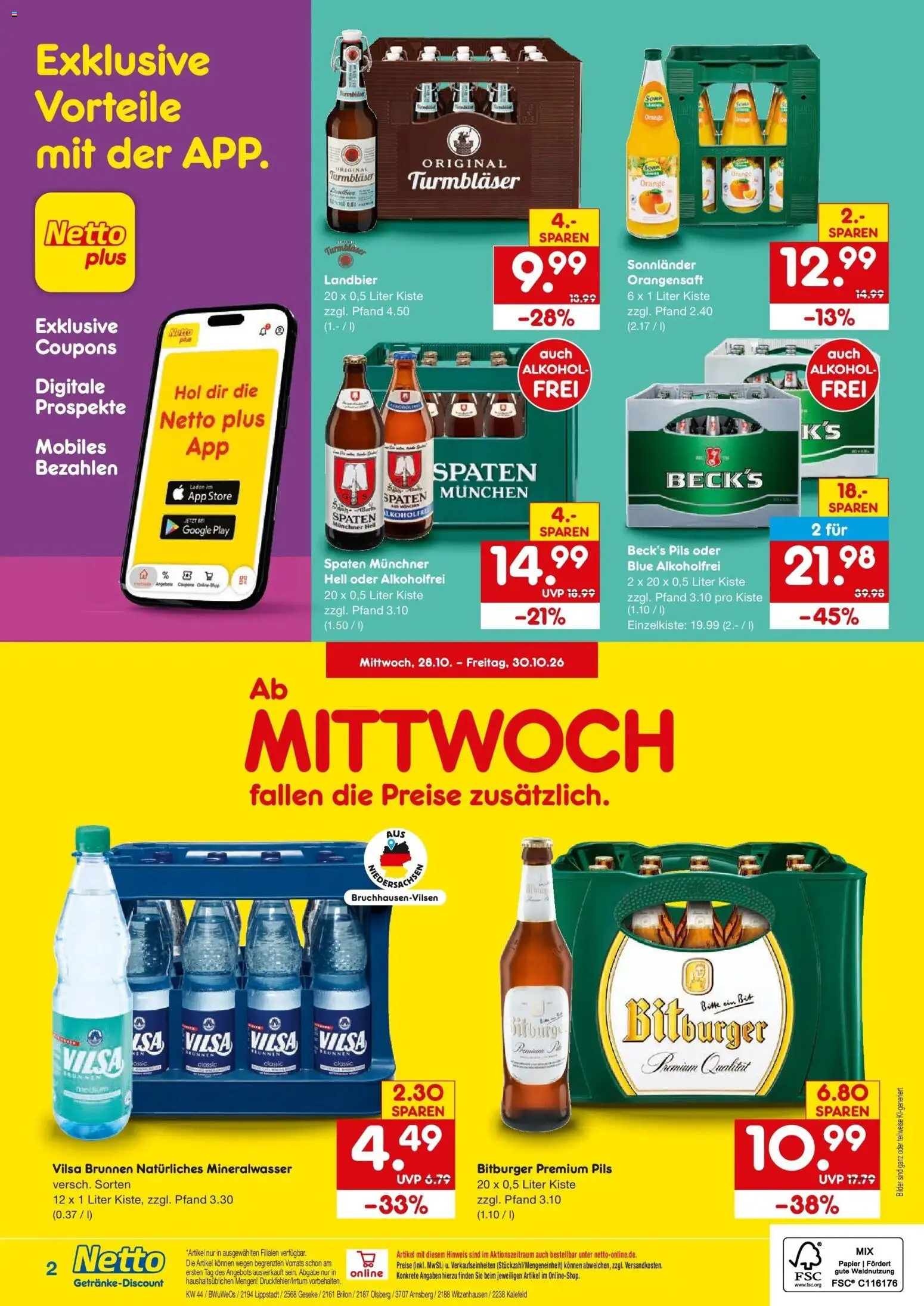 Netto Marken-Discount Prospekt Arnsberg – gültig ab 26.10.2026 | Seite: 2 | Produkte: Pils, Orangensaft, Mineralwasser, Bilder