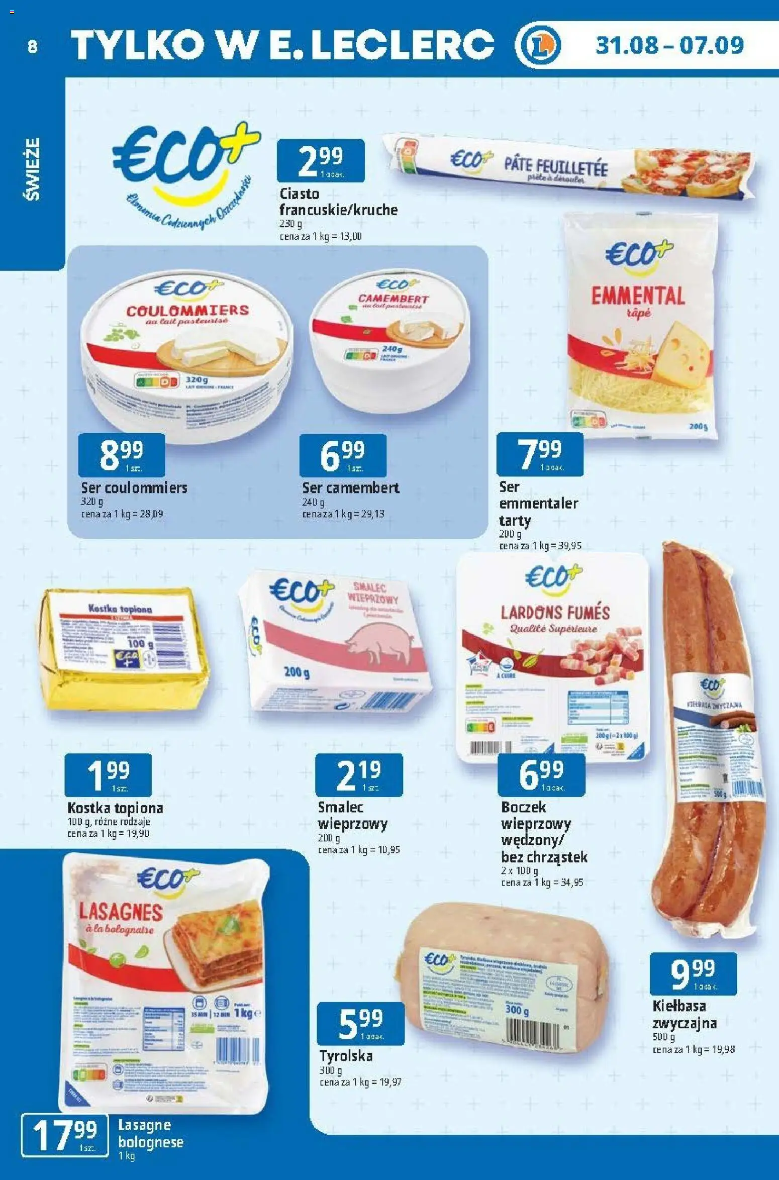 E.Leclerc gazetka od 31.08.2026 | Strona: 8 | Produkty: Smalec, Lasagne, Boczek, Lasagne bolognese
