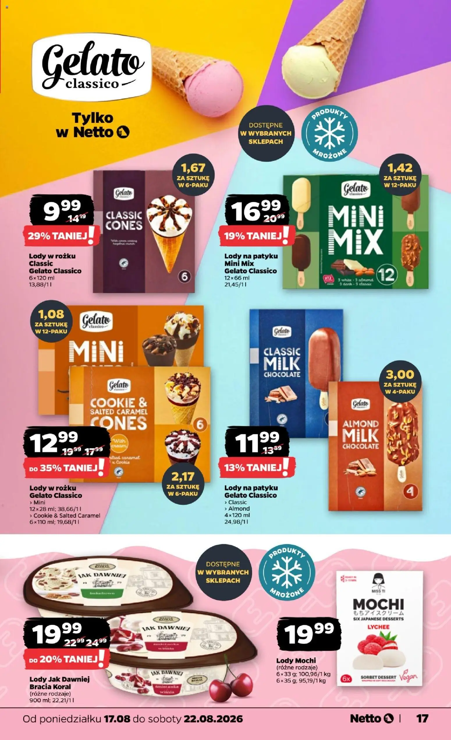 Netto gazetka od poniedziałku od 17.08.2026 | Strona: 17 | Produkty: Mochi, Lody na patyku, Sorbet, Lody