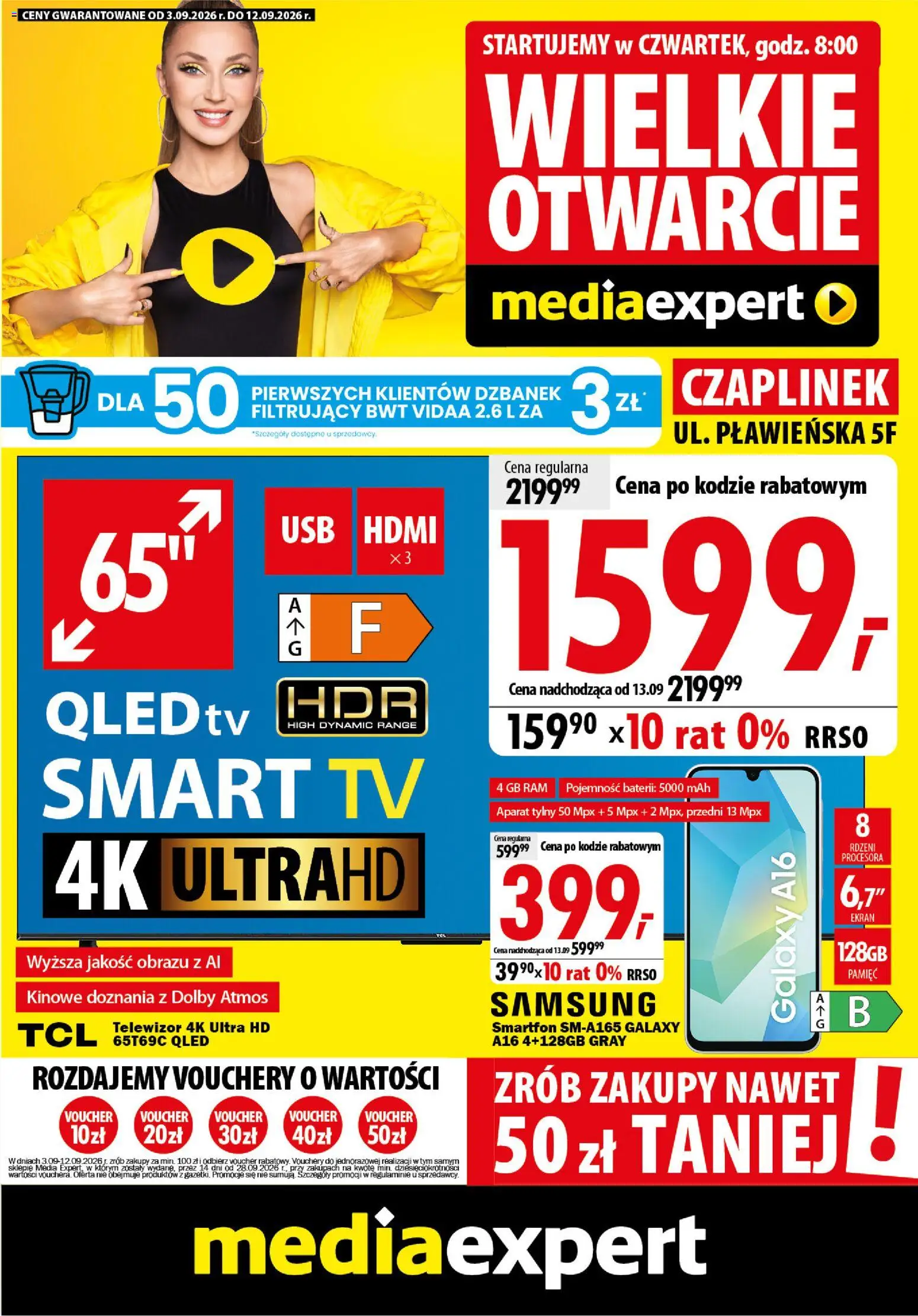 Mediaexpert promocje - Wielkie otwarcie Czaplinek od 03.09.2026 | Strona: 1 | Produkty: Dzbanek, Smartfon, Telewizor
