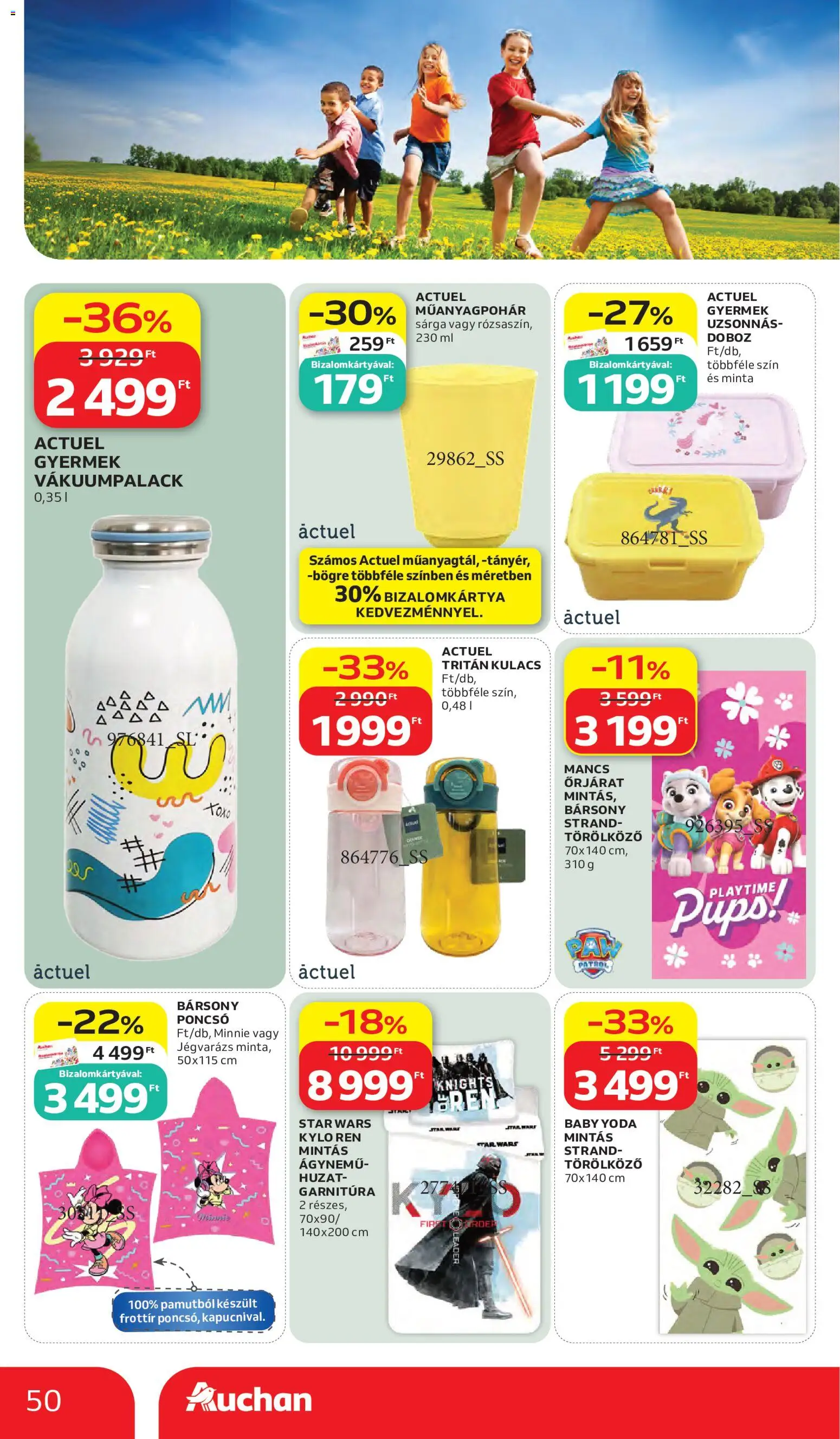 Auchan akciós ujság - amely érvényes a következő dátumtól: 28.05.2026 | Oldal: 50 | Termékek: Törölköző, Poncsó, Bögre, Kulacs