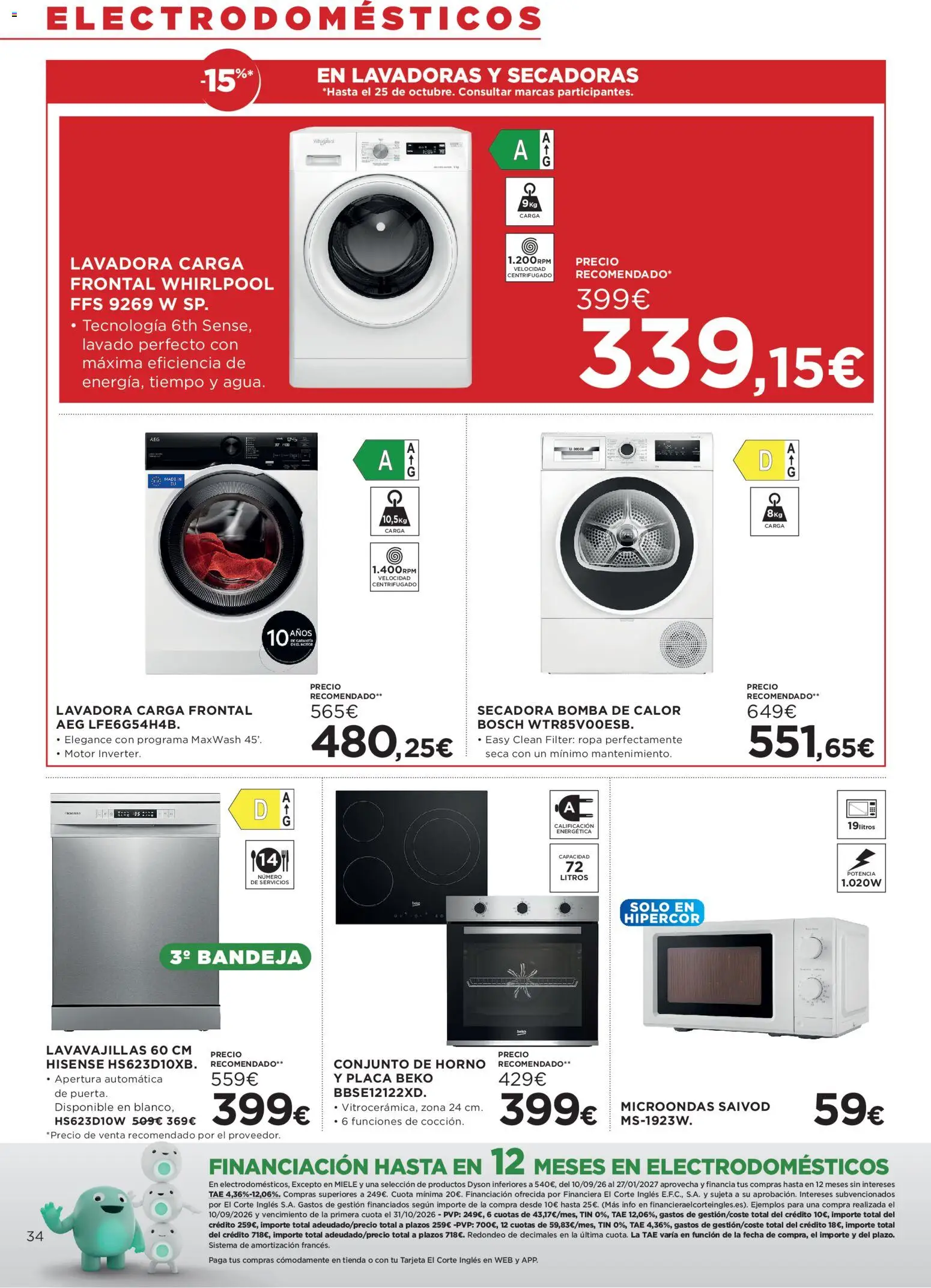 Hipercor catálogo │ válido desde el 15/10/2026 | Página: 34 | Productos: Lavadora, Horno, Lavavajillas, Bandeja