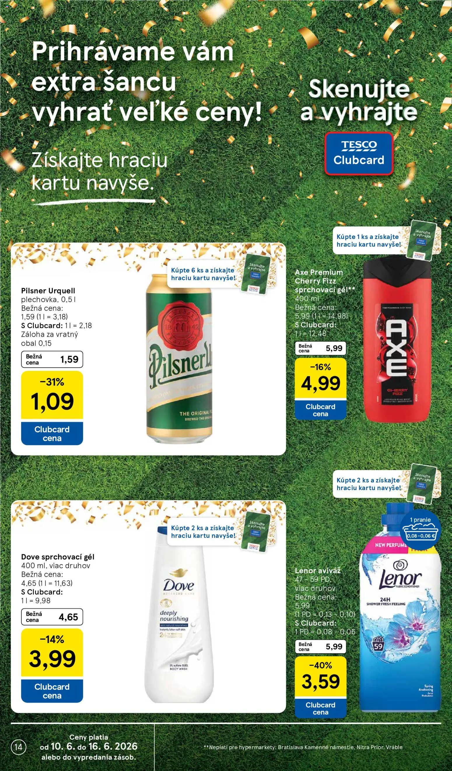 Nové Tesco akcie – leták je platný od 10.06.2026 | Strana: 14 | Produkty: Pilsner Urquell, Aviváž, Lenor