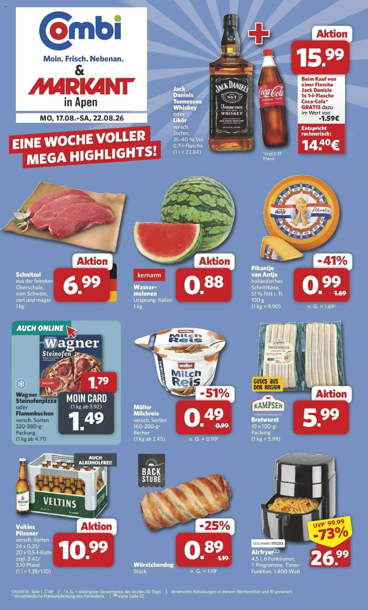 Combi Prospekt Apen (ab 17.08.2026) zum Blättern | Seite: 1 | Produkte: Jack Daniel's, Salami, Whiskey, Veltins