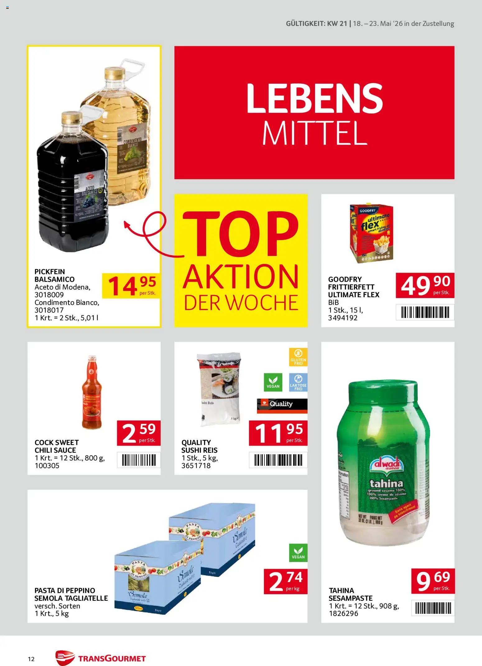 Transgourmet Zustellaktion gültig ab 18.05.2026 | Seite: 12 | Produkte: Pasta, Chili, Creme, Reis
