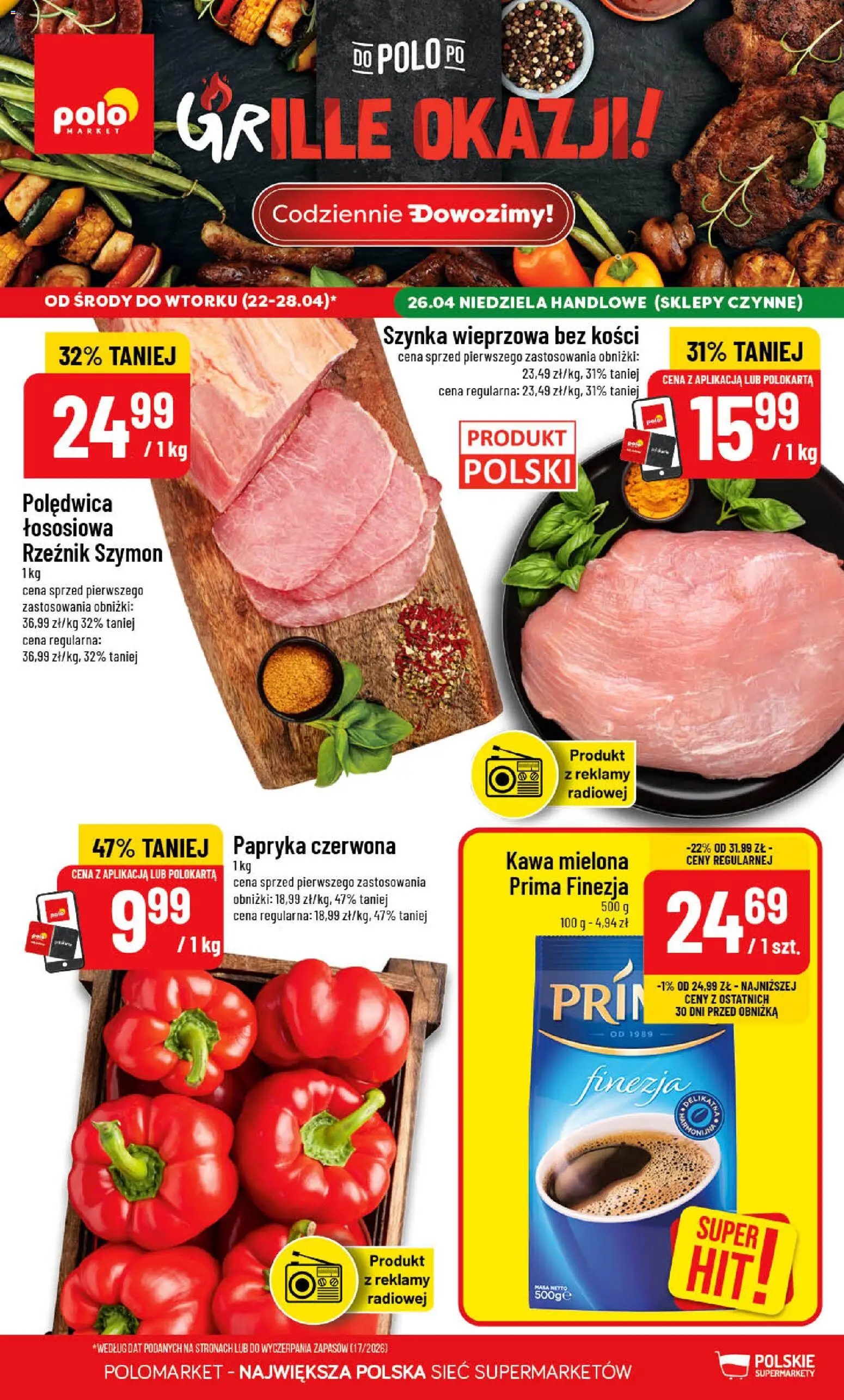 POLOmarket gazetka od 22.04.2026 | Strona: 1 | Produkty: Szynka wieprzowa, Szynka, Papryka czerwona, Kawa