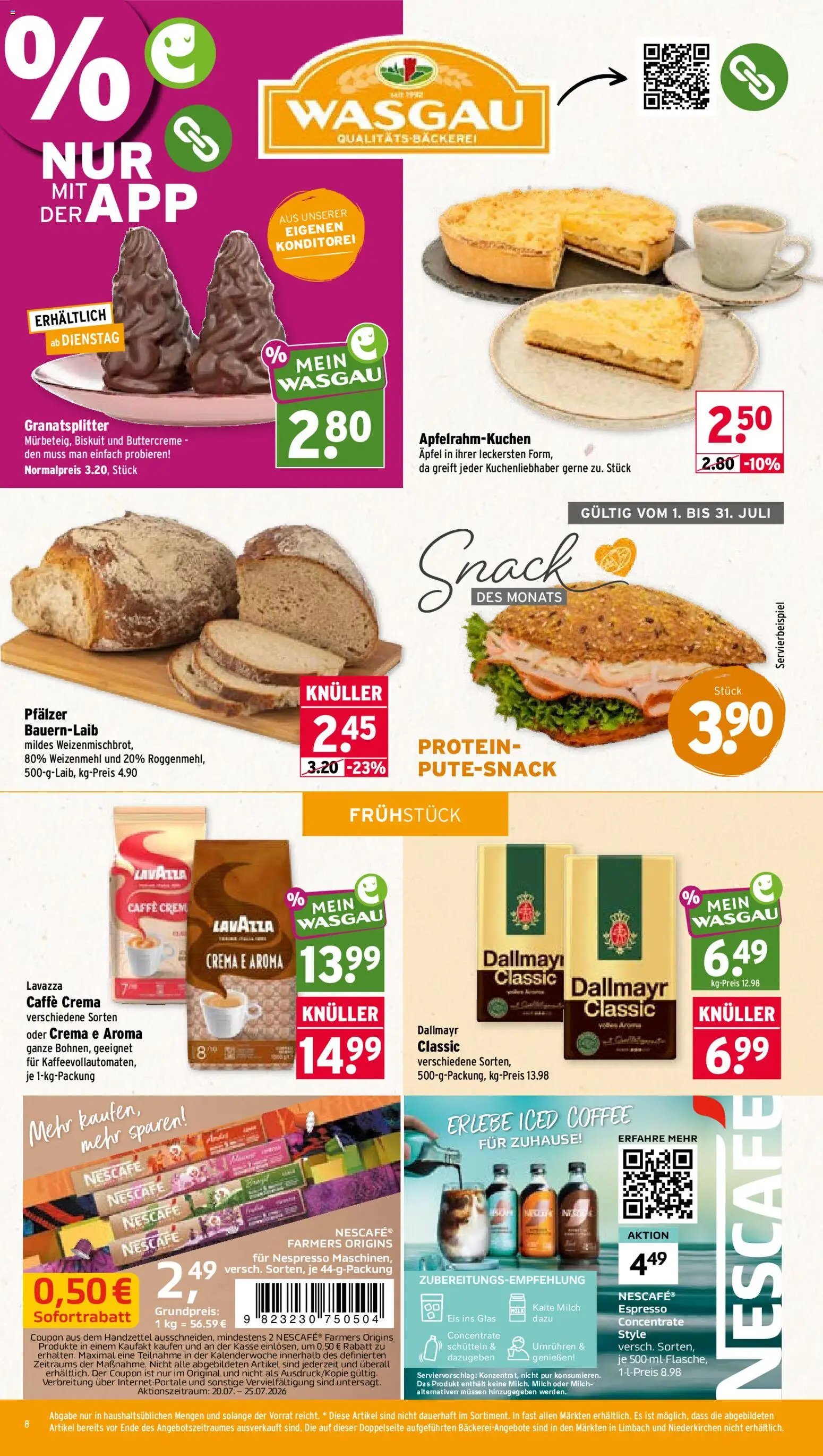 Wasgau Prospekt – gültig ab 20.07.2026 | Seite: 8 | Produkte: Bäckerei, Äpfel, Dallmayr, Eis