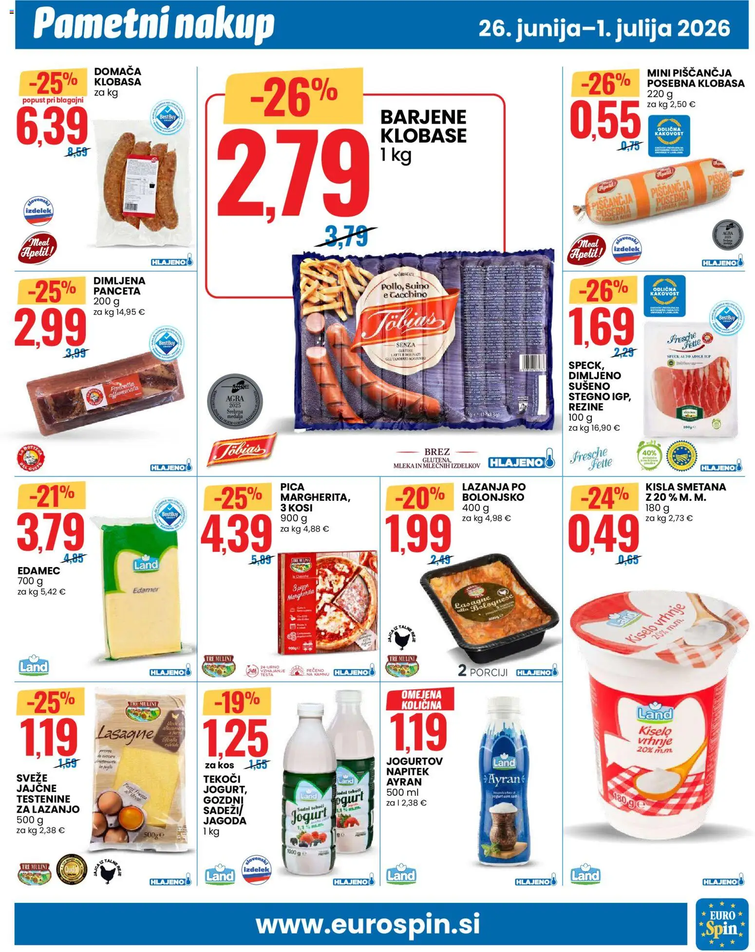 Novi Eurospin katalog ponudbe – veljaven od 26.06.2026 | Stran: 7 | Izdelki: Panceta, Kos, Testenine, Klobase