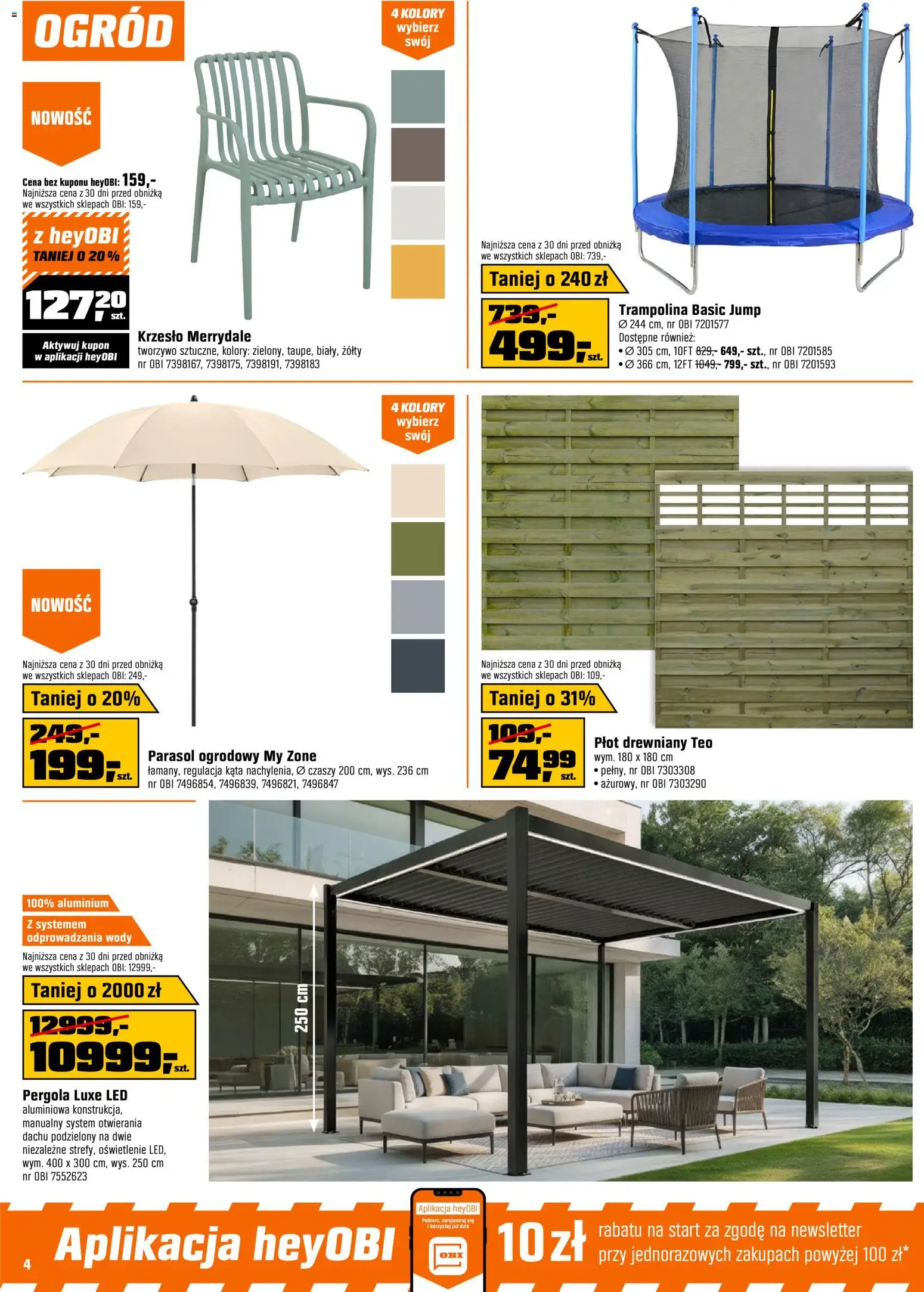 OBI gazetka od 20.05.2026 | Strona: 4 | Produkty: Parasol, Trampolina, Krzesło