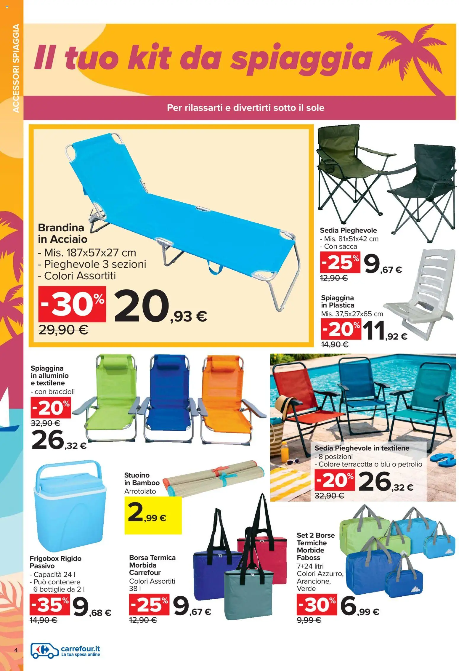 Volantino Carrefour del 01.06.2026 | Pagina: 4 | Prodotti: Braccioli, Borsa termica, Borsa, Sedia