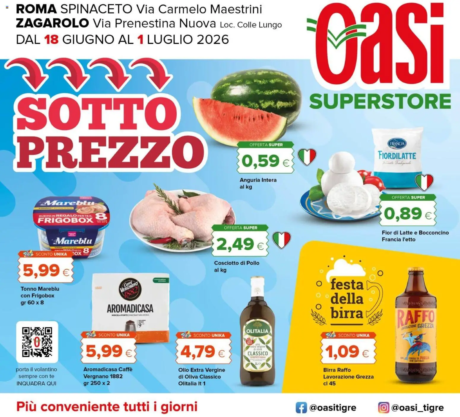 Volantino Oasi del 18.06.2026 | Pagina: 1 | Prodotti: Birra, Latte, Anguria, Olio extra vergine