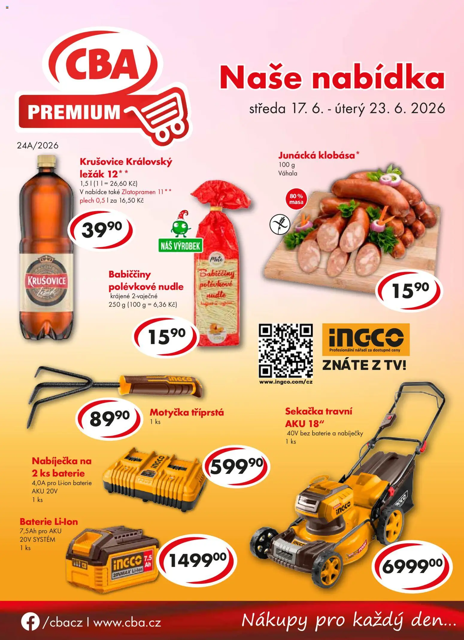 CBA leták - Premium od 17.06.2026 | Strana: 1 | Produkty: Zlatopramen, Nářadí, Krušovice, Sekačka