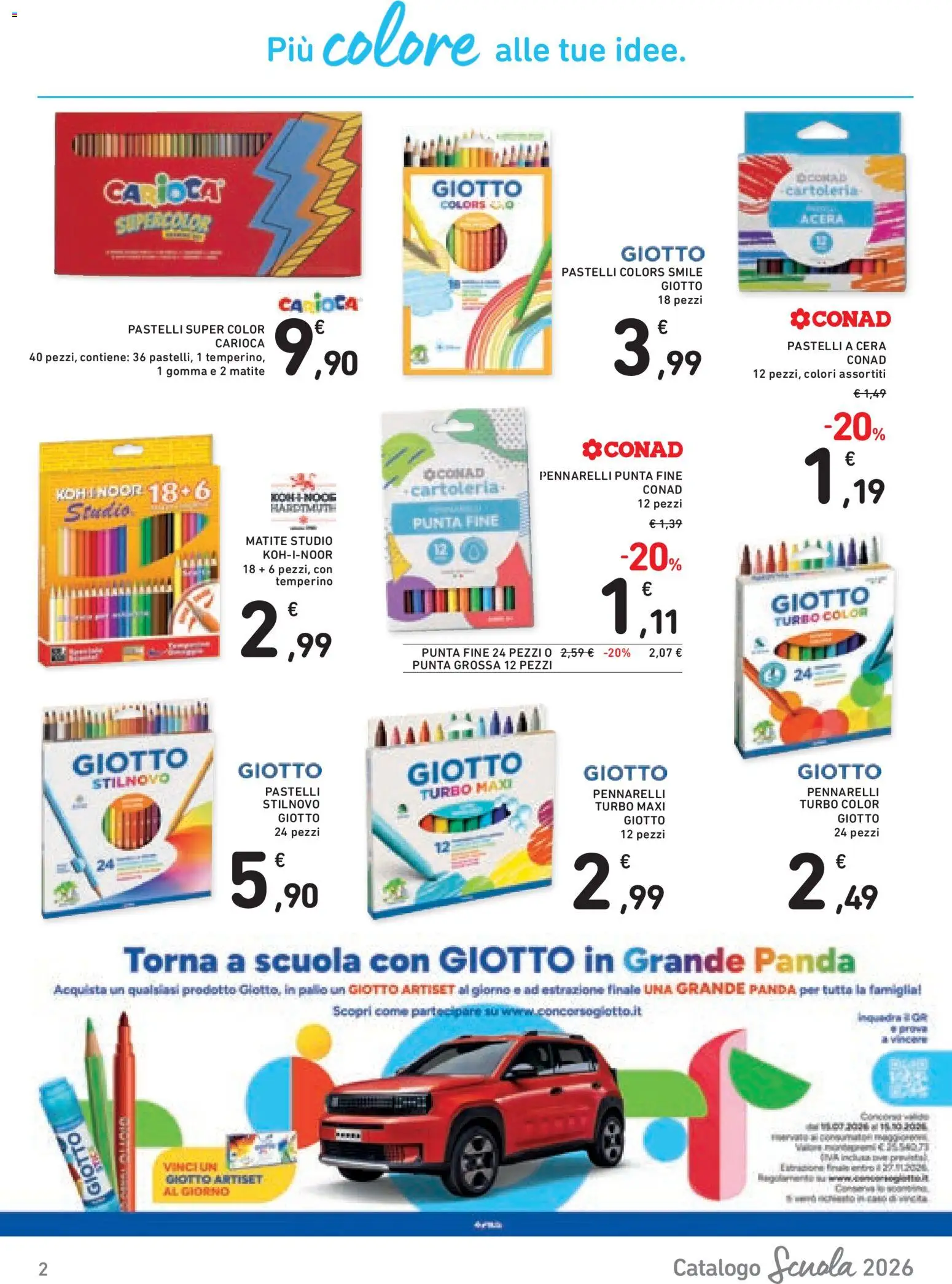 Volantino Conad del 21/08/2026 | Pagina: 2 | Prodotti: Pastelli a cera, Temperino, Pennarelli, Pastelli