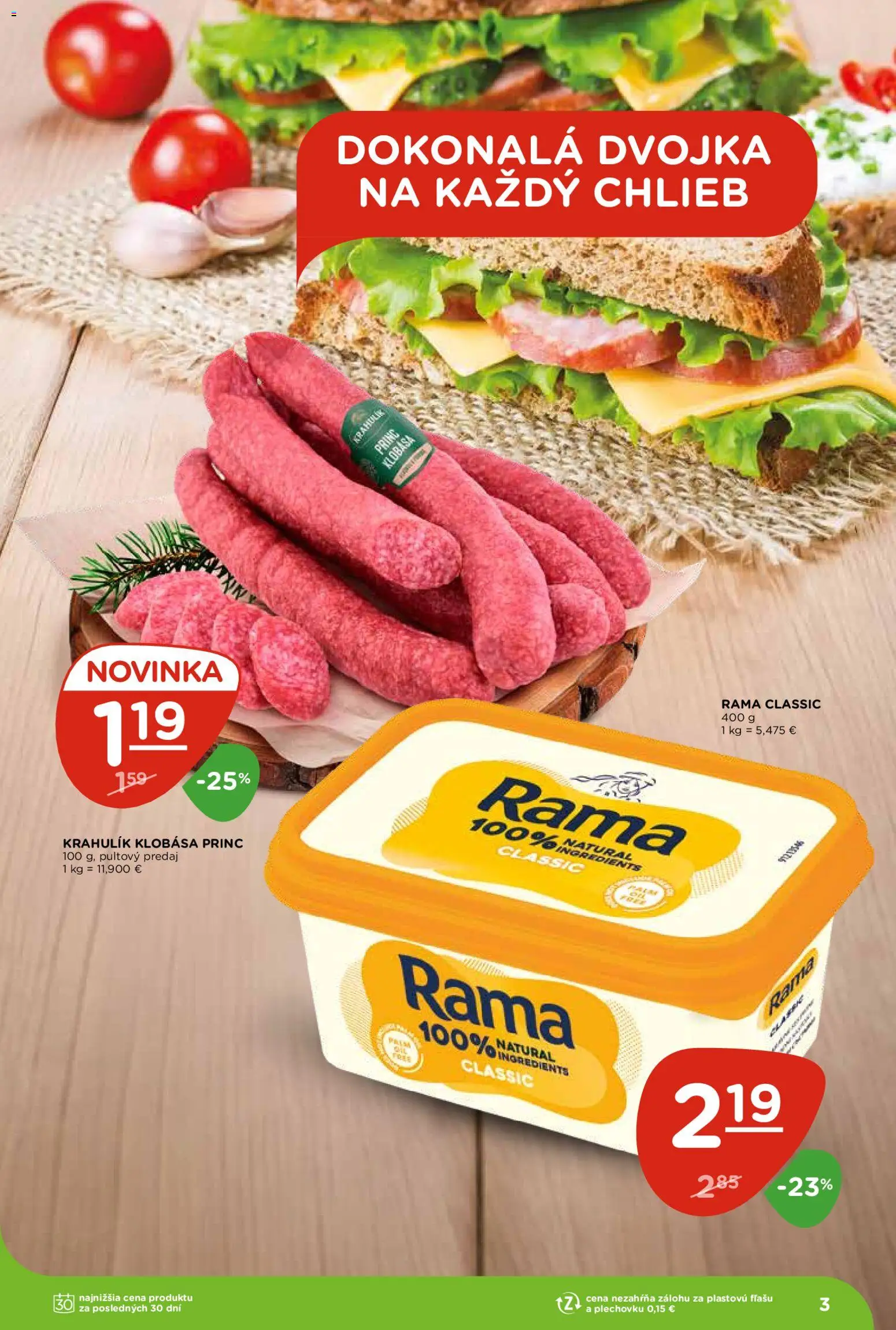 Nové Terno akcie – leták je platný od 28.05.2026 | Strana: 3 | Produkty: Chlieb, Klobása, Rama