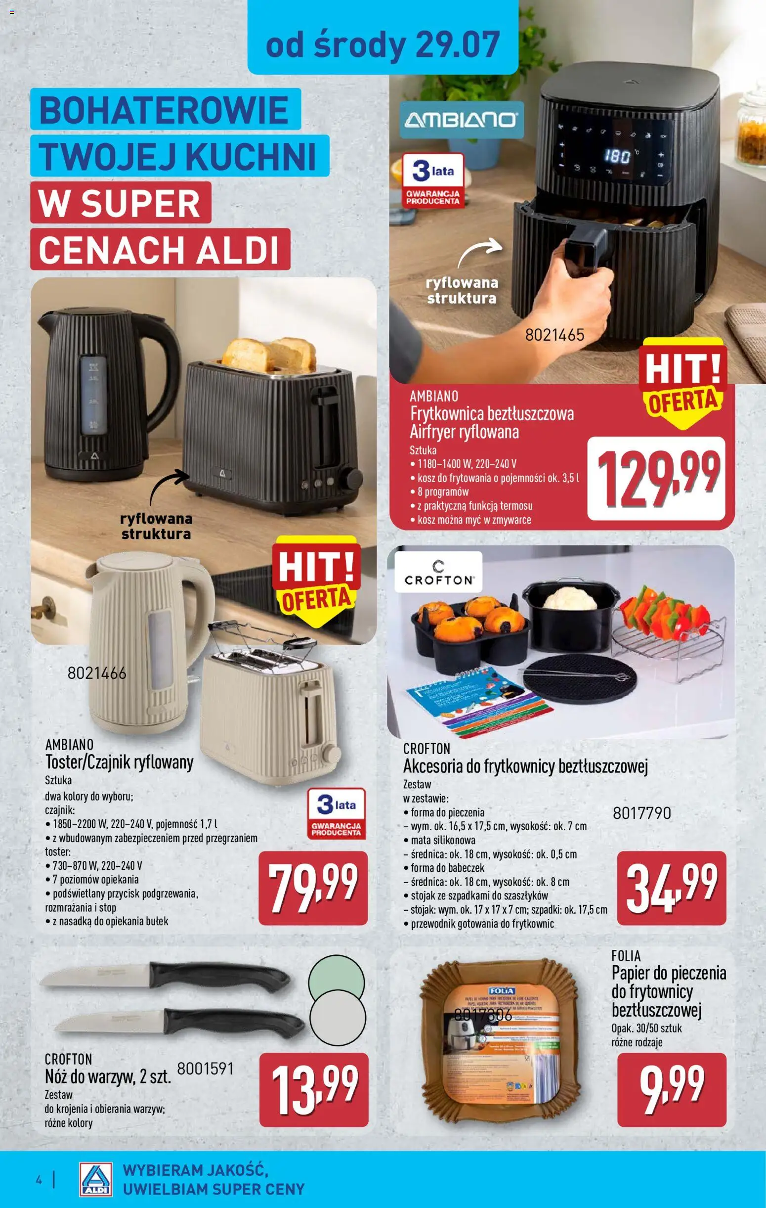 Aldi gazetka - Hity od Środy i od Soboty od 29.07.2026 | Strona: 4 | Produkty: Papier do pieczenia, Toster, Frytkownica, Kosz