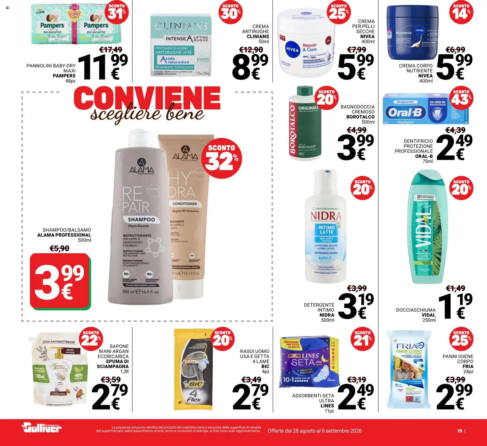 Volantino Gulliver del 28/08/2026 | Pagina: 19 | Prodotti: Shampoo, Sapone, Assorbenti, Panni