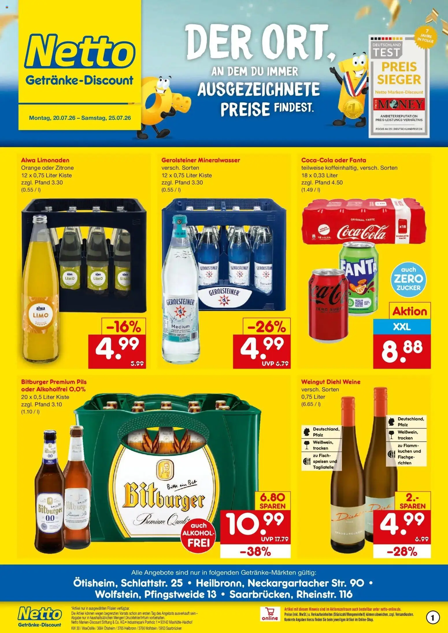 Netto Marken-Discount Prospekt Saarbrücken – gültig ab 20.07.2026 | Seite: 1 | Produkte: Cola, Fisch, Kuchen, Gerolsteiner