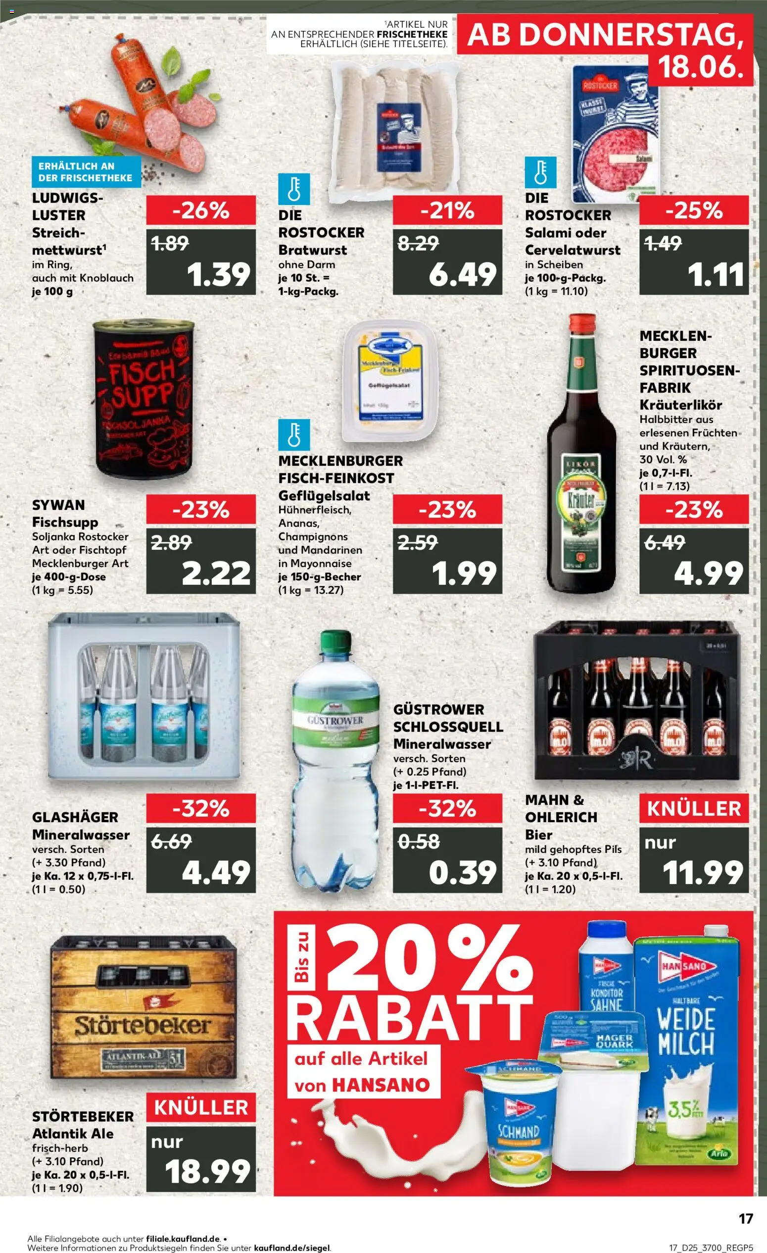 Kaufland Prospekt Rostock – gültig ab 18.06.2026 | Seite: 17 | Produkte: Bier, Bratwurst, Fisch, Sahne
