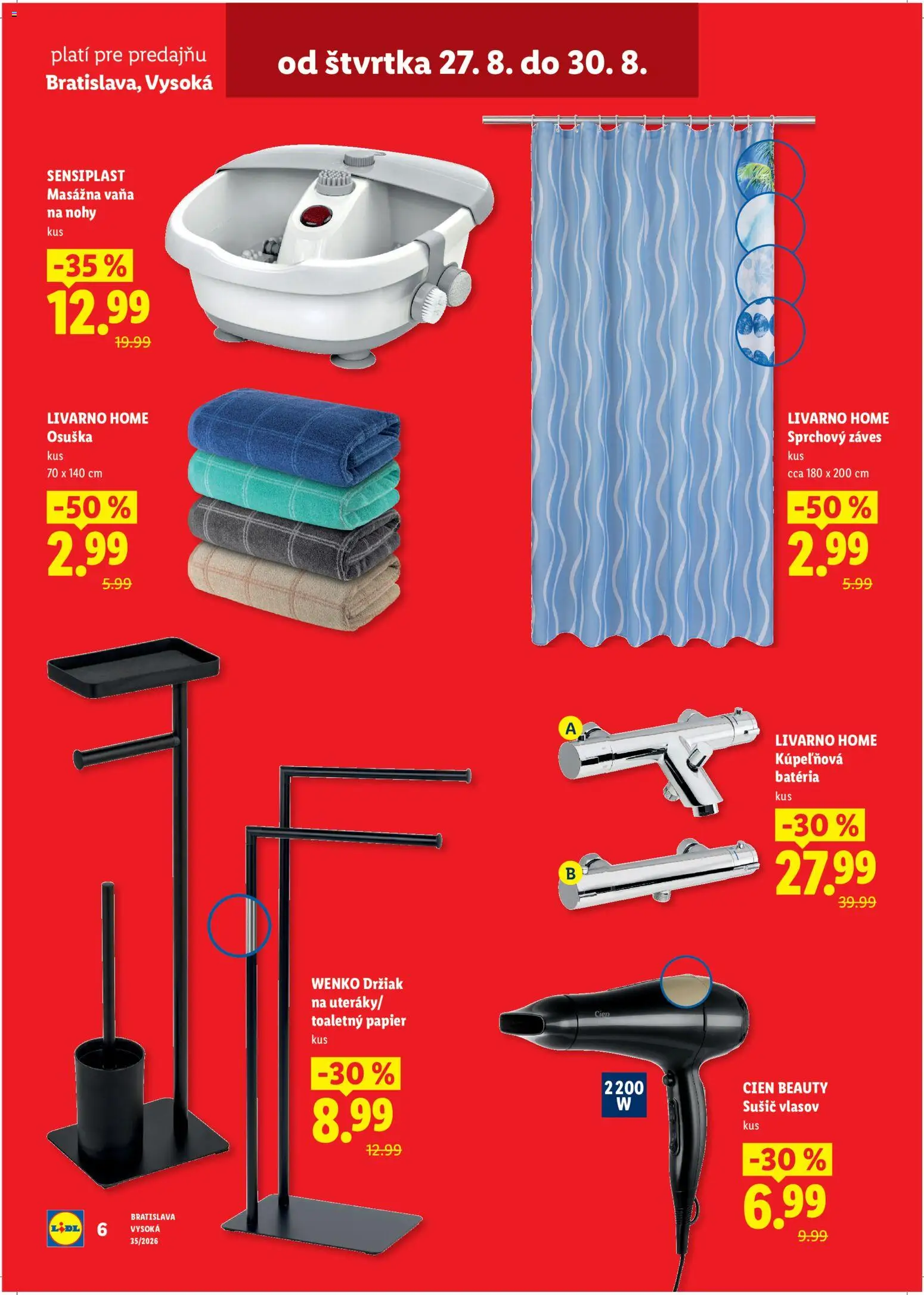 Nové Lidl akcie – leták je platný od 24.08.2026 | Strana: 6 | Produkty: Vaňa, Sušič vlasov, Batéria, Osuška