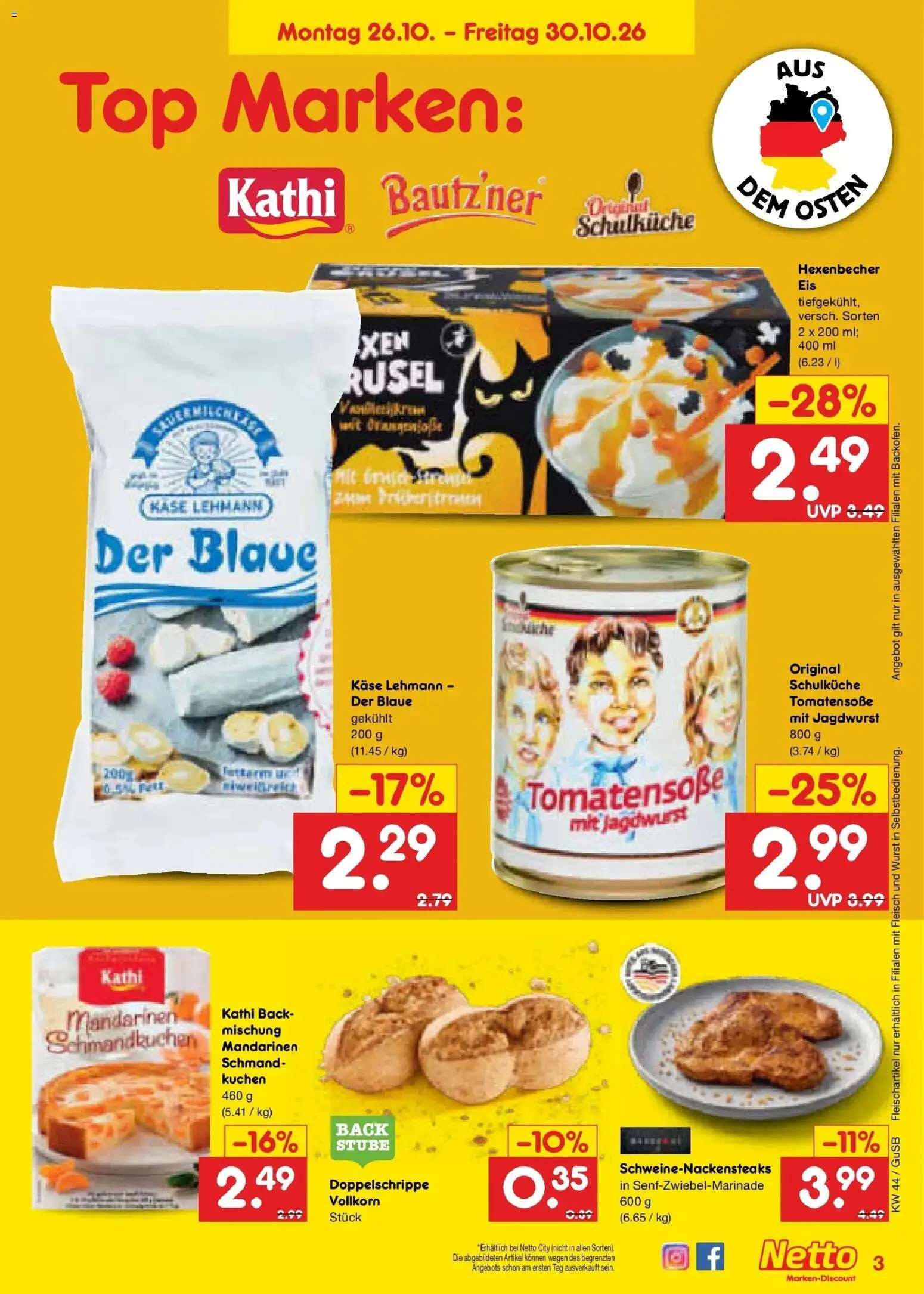 Netto Marken-Discount Prospekt Machern – gültig ab 26.10.2026 | Seite: 3 | Produkte: Käse, Wurst, Kuchen, Fleisch