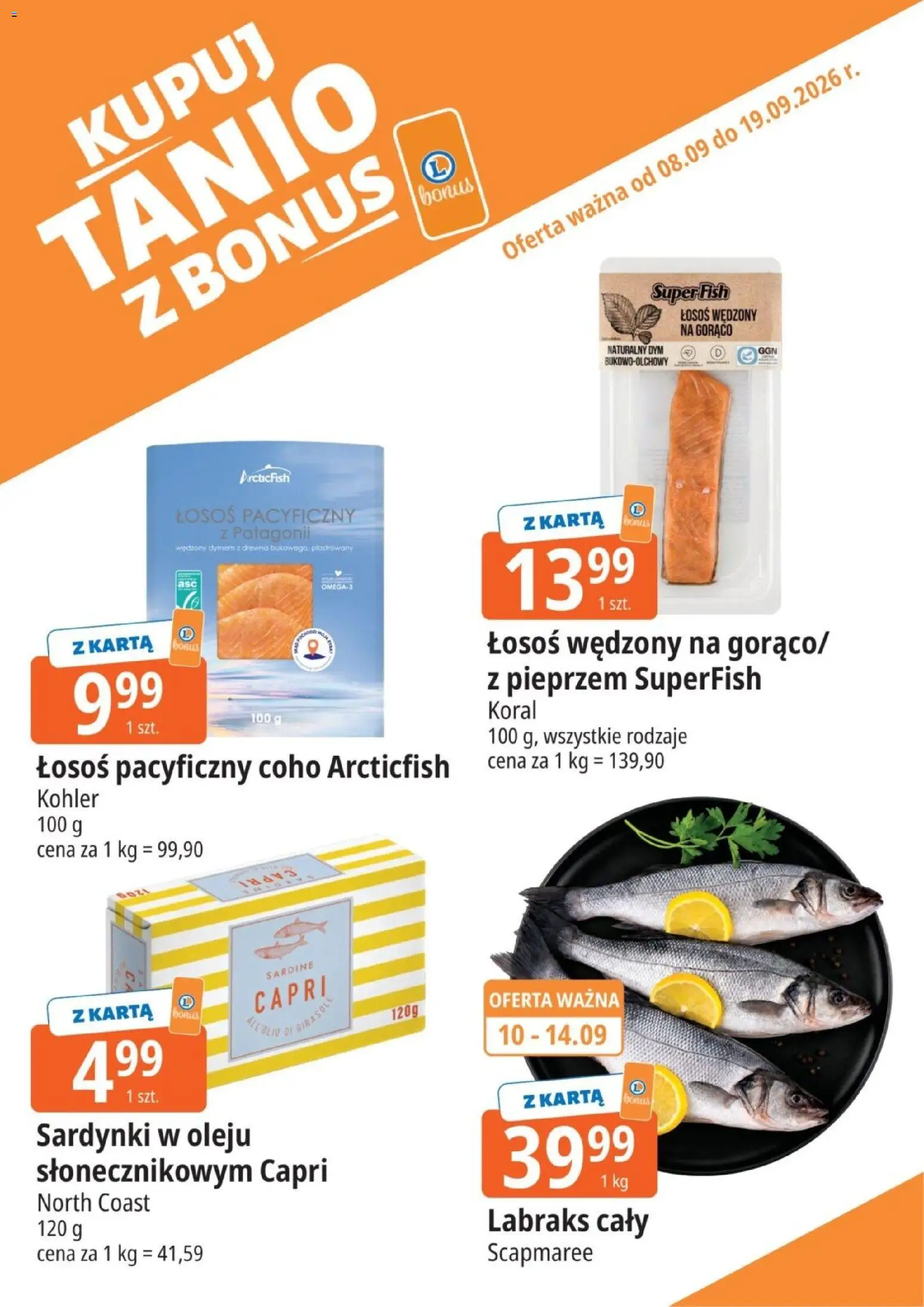 E.Leclerc gazetka - Kupuj Tanio Z Bonus od 08.09.2026 | Strona: 4 | Produkty: Karta, Łosoś wędzony, Łosoś, Sardynki