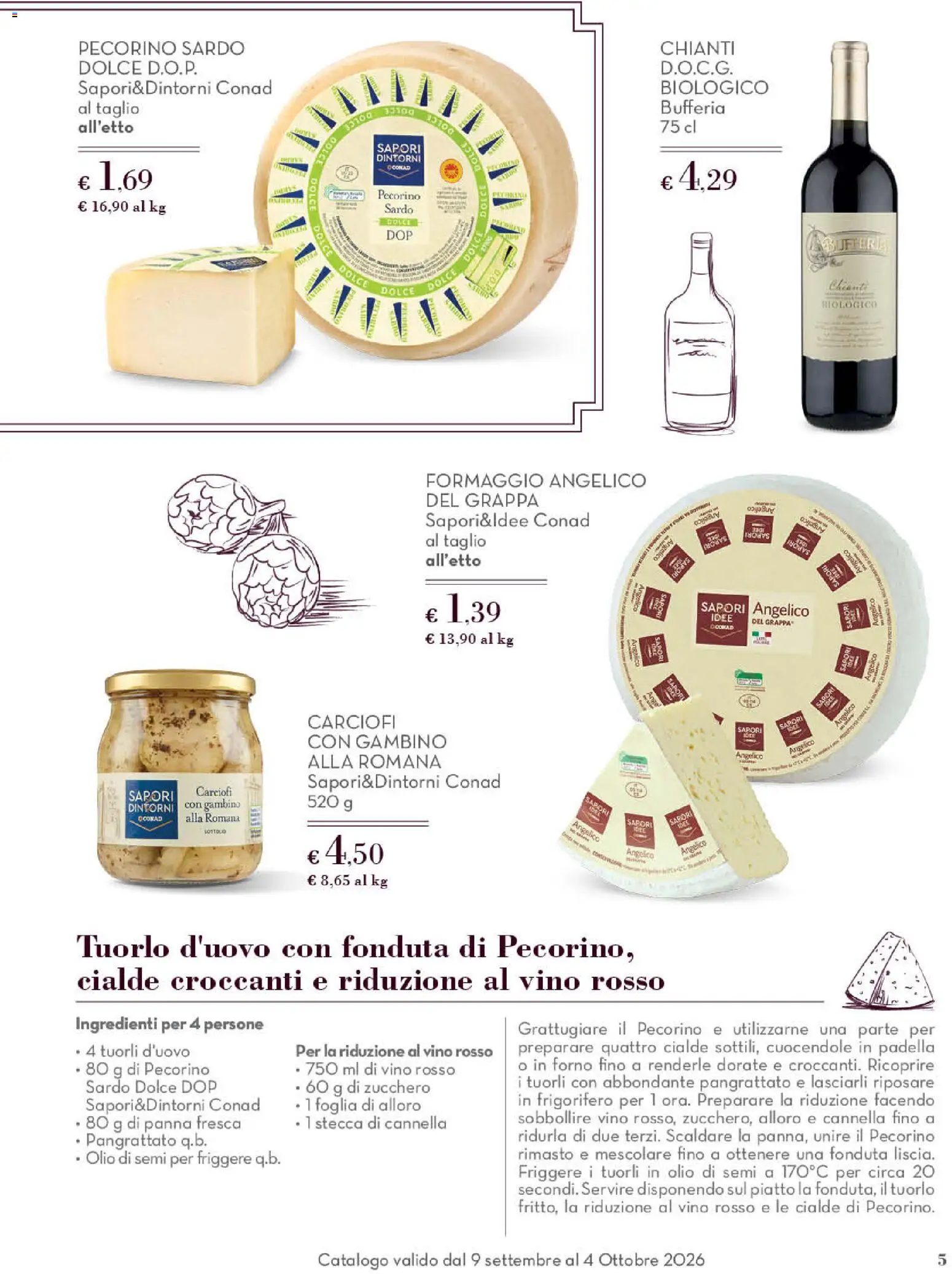 Volantino Conad del 09/09/2026 | Pagina: 5 | Prodotti: Formaggio, Vino, Cialde, Pecorino