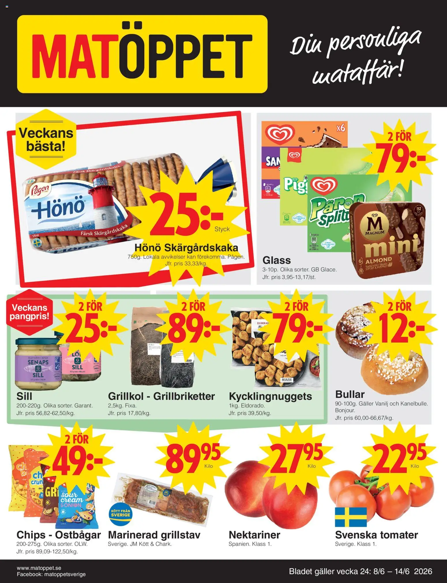 Matöppet reklamblad aktuell från 08.06.2026 | Sida: 1 | Produkter: Ostbågar, Galler, Chips, Sill