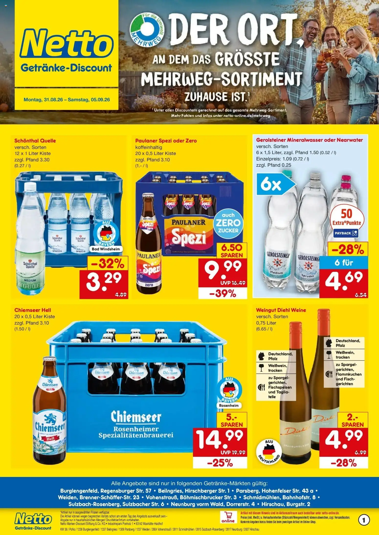 Netto Marken-Discount Prospekt Weiden (ab 31.08.2026) » Angebote | Seite: 1 | Produkte: Paulaner spezi, Spargel, Mineralwasser, Zucker