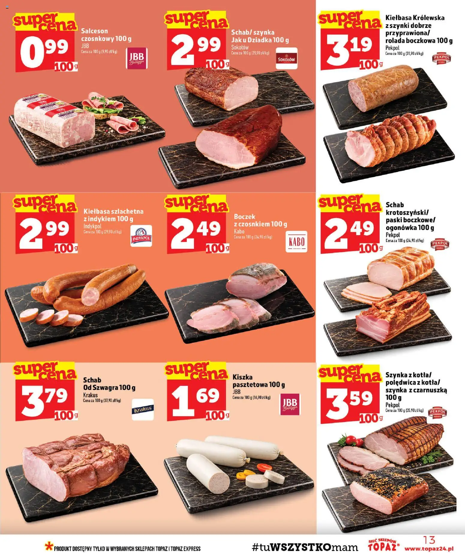 Topaz gazetka - MAZ od 20.08.2026 | Strona: 13 | Produkty: Schab, Czarnuszka, Kiełbasa szlachetna, Boczek