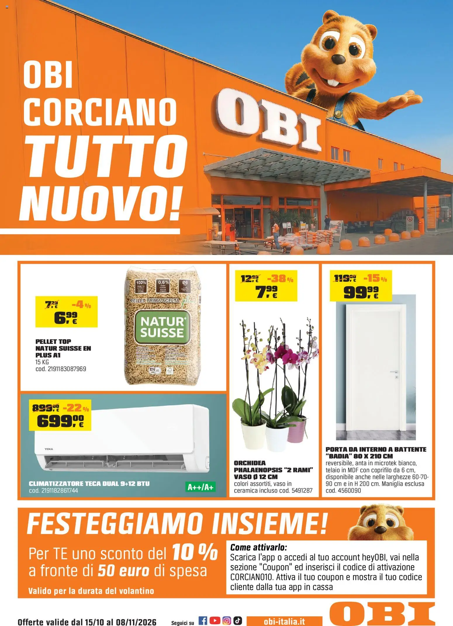 Volantino OBI del 15/10/2026 | Pagina: 1 | Prodotti: Climatizzatore, Porta, Orchidea, Vaso