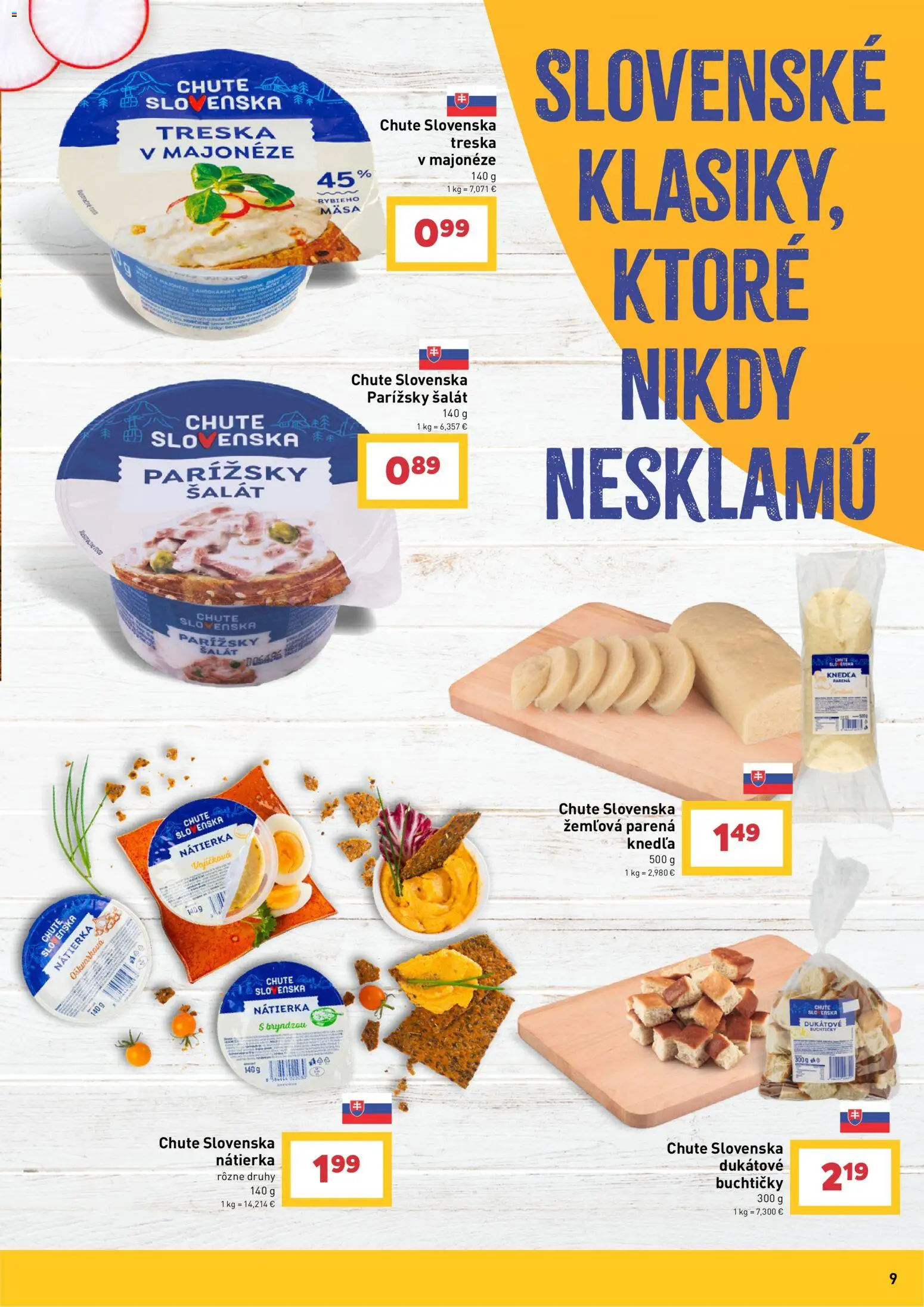 Nové Billa akcie – leták je platný od 12.08.2026 | Strana: 9 | Produkty: Nátierka, Šalát, Treska, Knedľa
