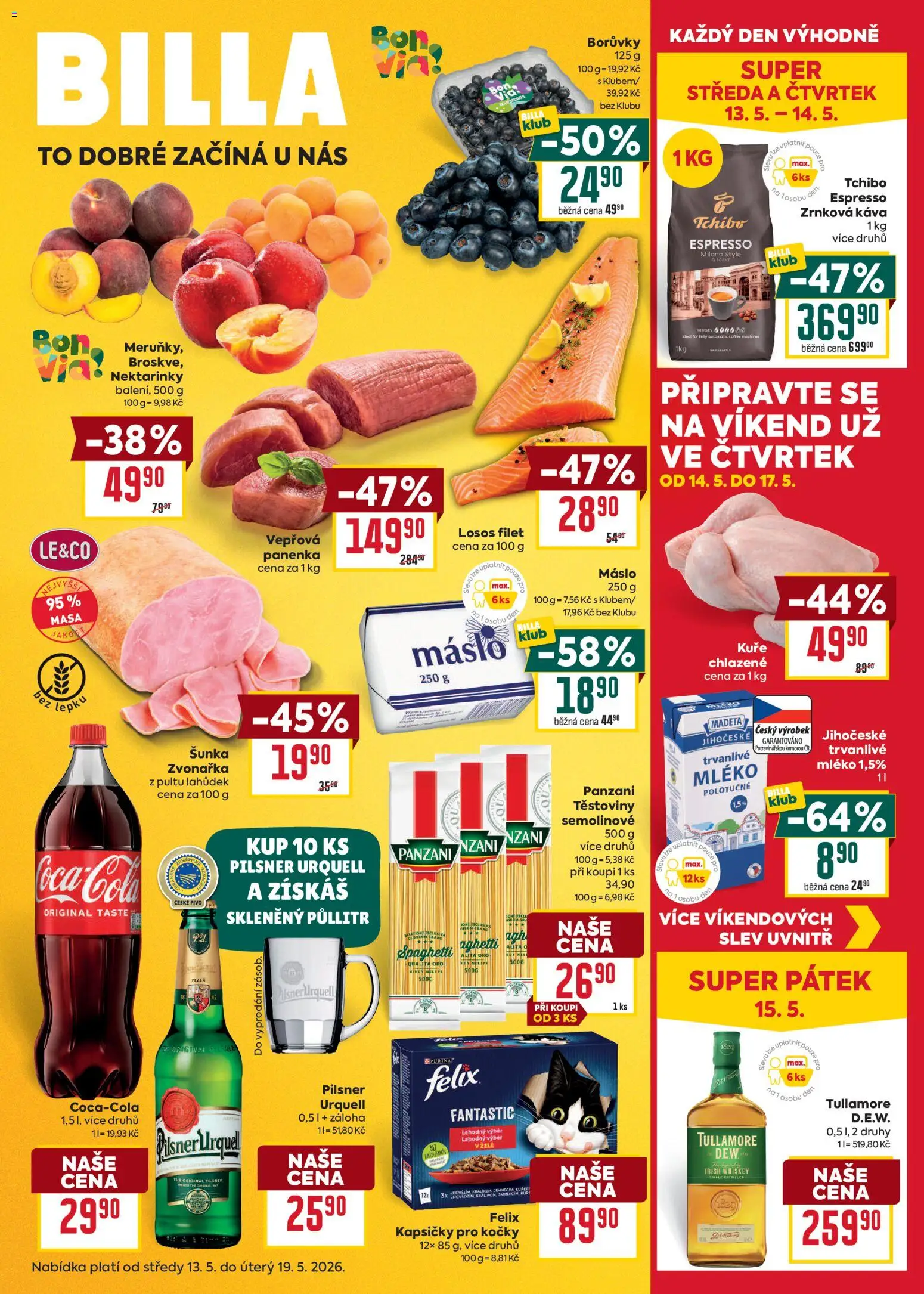 Billa Malý leták od 13.05.2026 | Strana: 1 | Produkty: Mléko, Těstoviny, Zrnková káva, Kuře