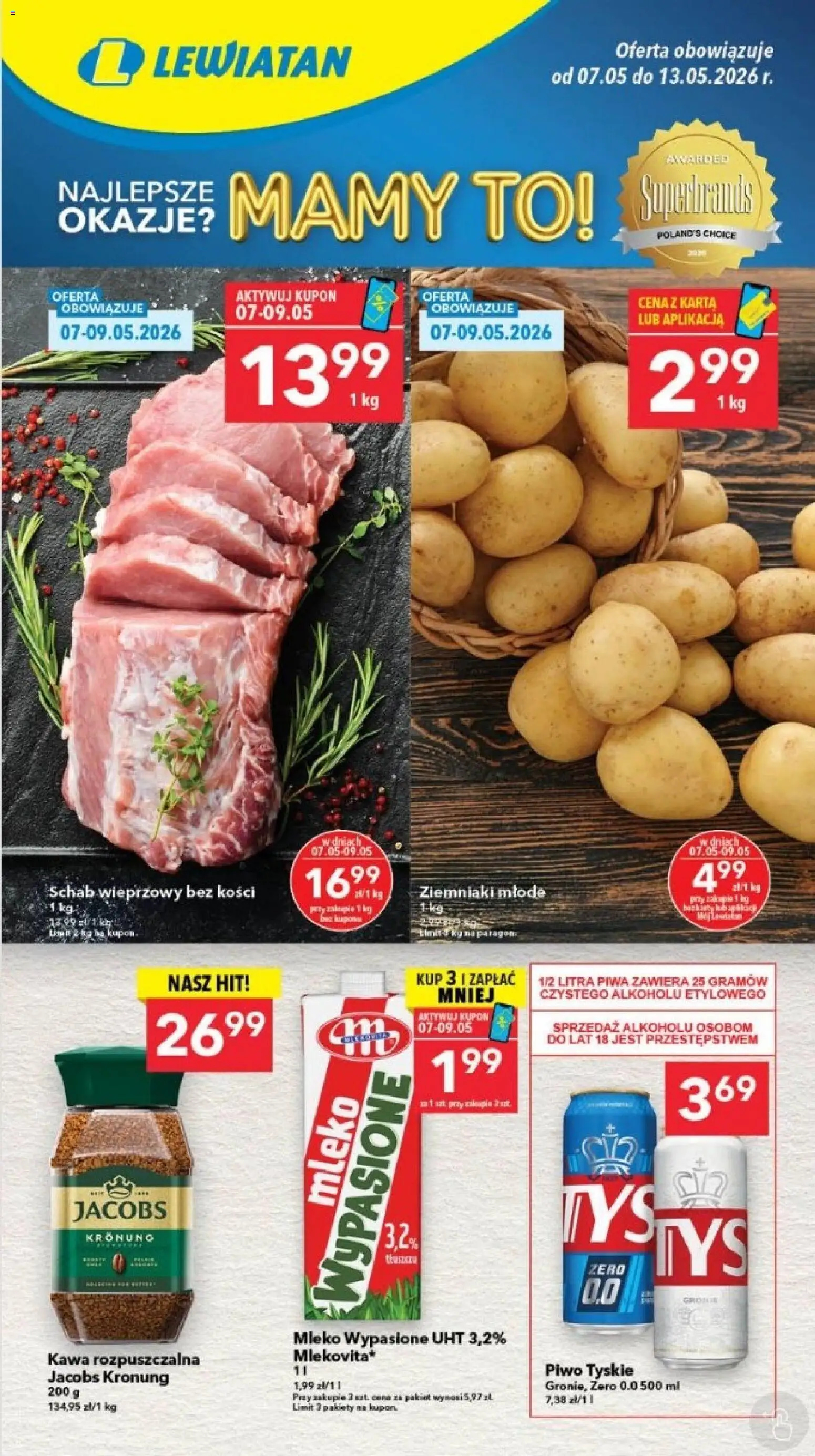 Lewiatan gazetka - Szczecin od 07.05.2026 | Strona: 1 | Produkty: Schab wieprzowy, Schab wieprzowy bez kości, Piwo, Ziemniaki