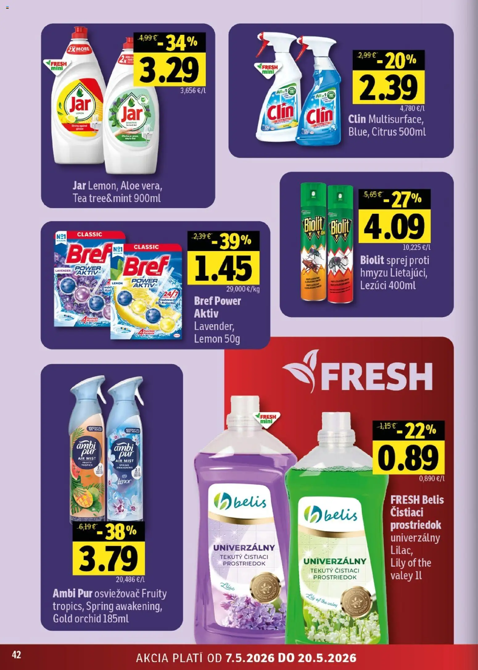 Nové Fresh akcie – leták je platný od 07.05.2026 | Strana: 42 | Produkty: Čistiaci prostriedok, Jar, Lenor