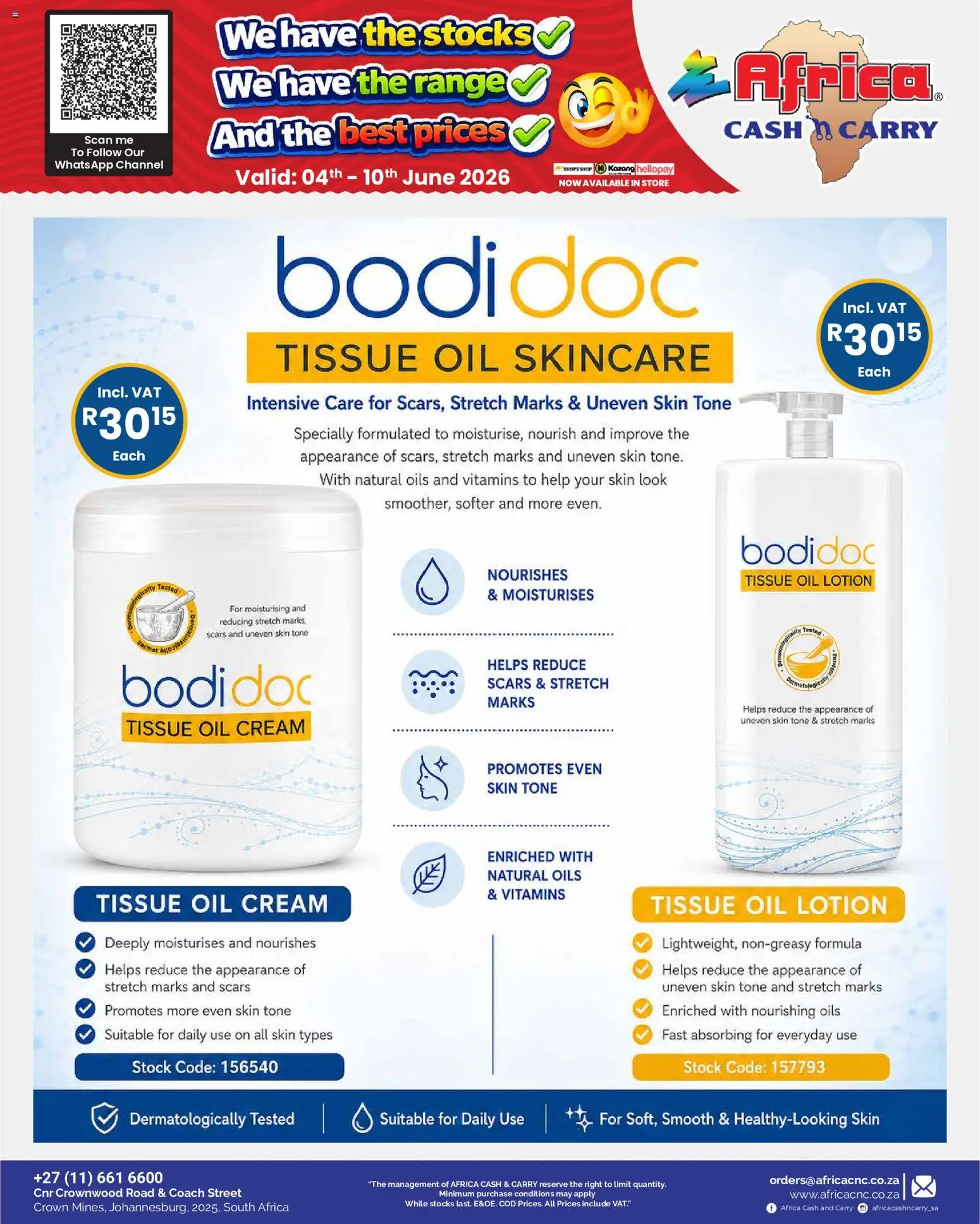 New Africa Cash & Carry catalogue – valid from 04.06.2026 | Page: 5 | Products: Tissue oil, Vitamins, Cream, Lotion