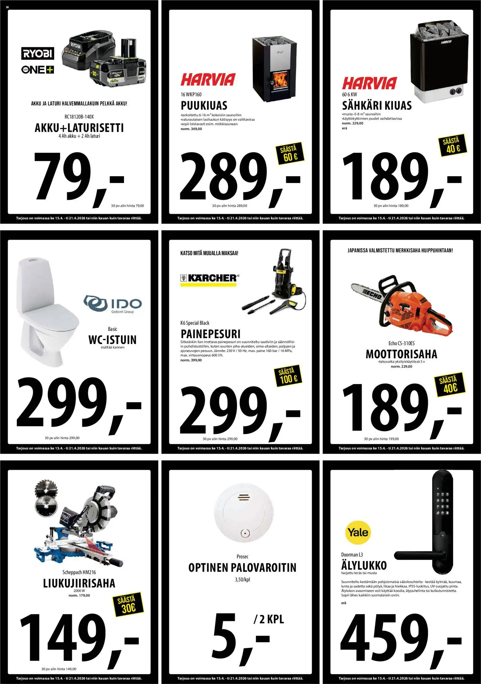 Tuuri tarjoukset – voimassa 15.04.2026 alkaen | Sivu: 23 | Tuotteet: Moottorisaha, Painepesuri, Palovaroitin, Akku