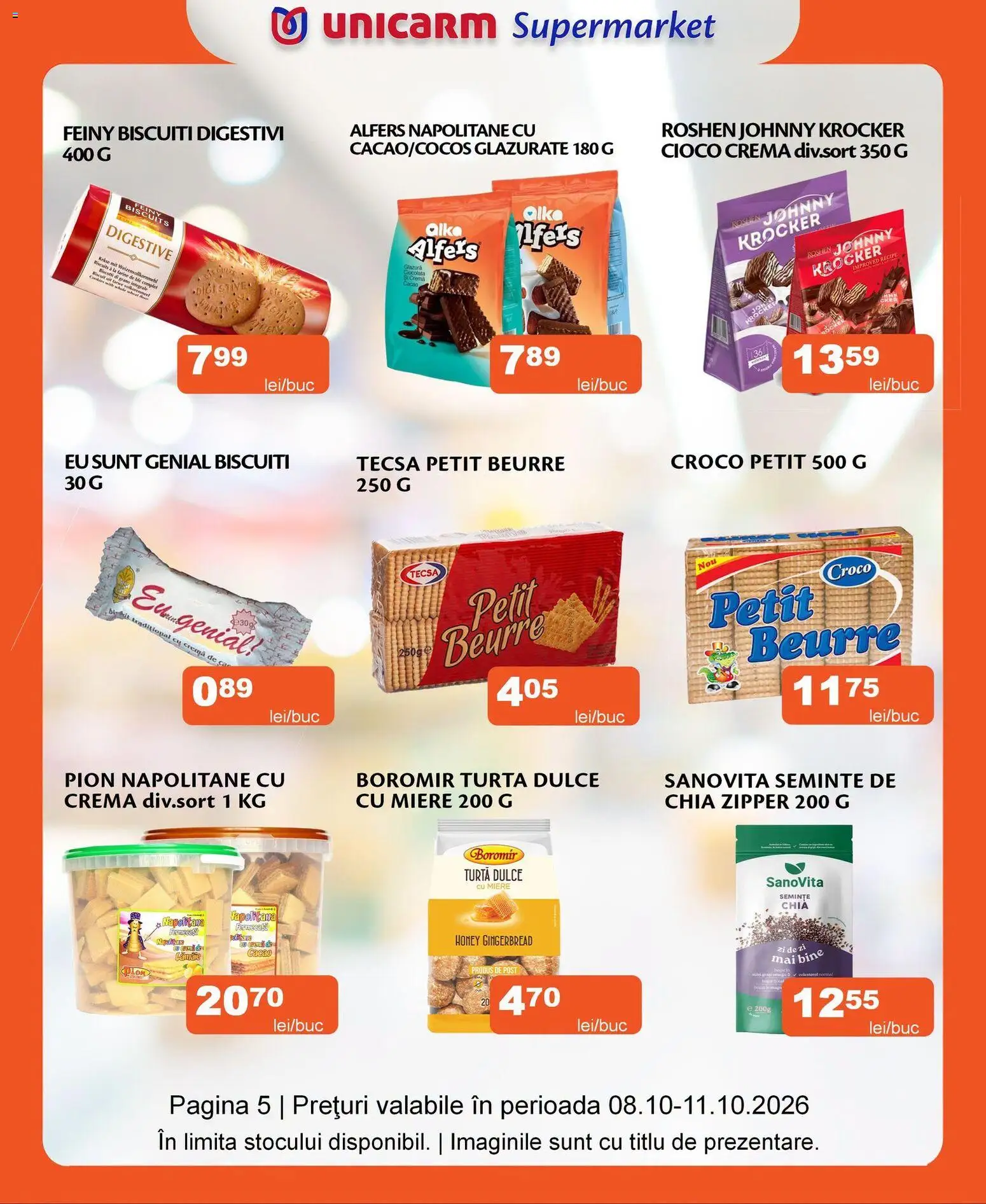 Noul catalog Unicarm – valabil de la 08.10.2026 | Pagină: 5 | Produse: Napolitane, Cremă, Biscuiți, Turtă dulce